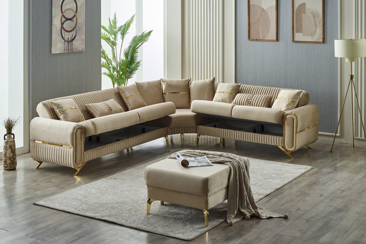 Furnia Royal Modular Right Facing Sectional - Beige, Fabric