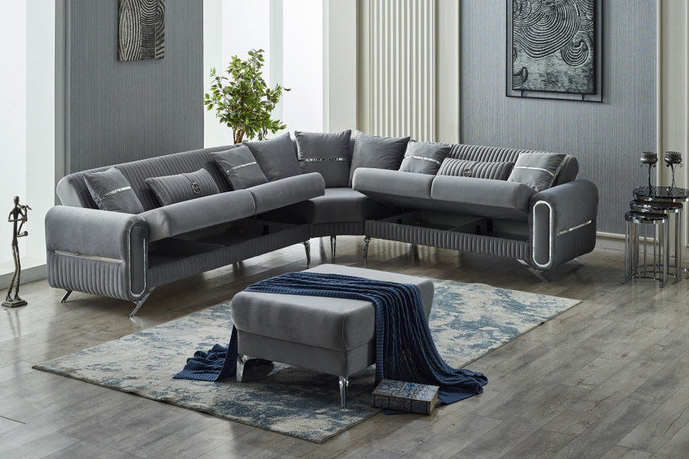 Furnia Royal Modular Right Facing Sectional - Gray, Fabric