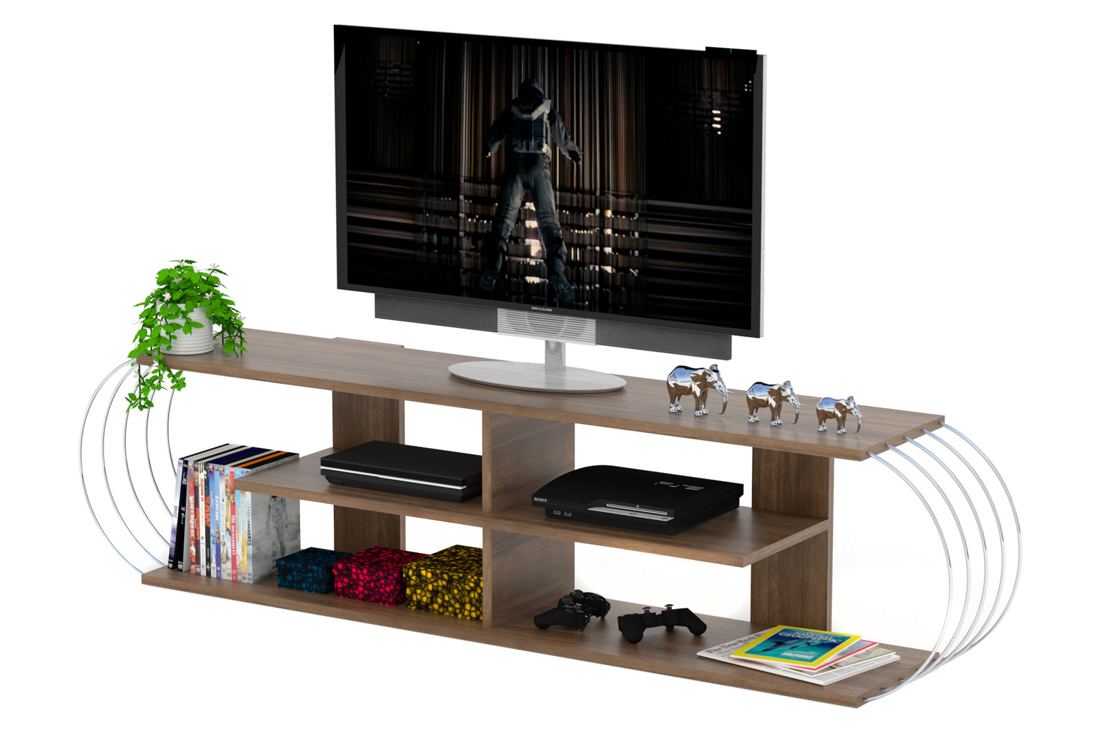 Furnia Case TV Unit - Walnut/Chrome, Wood