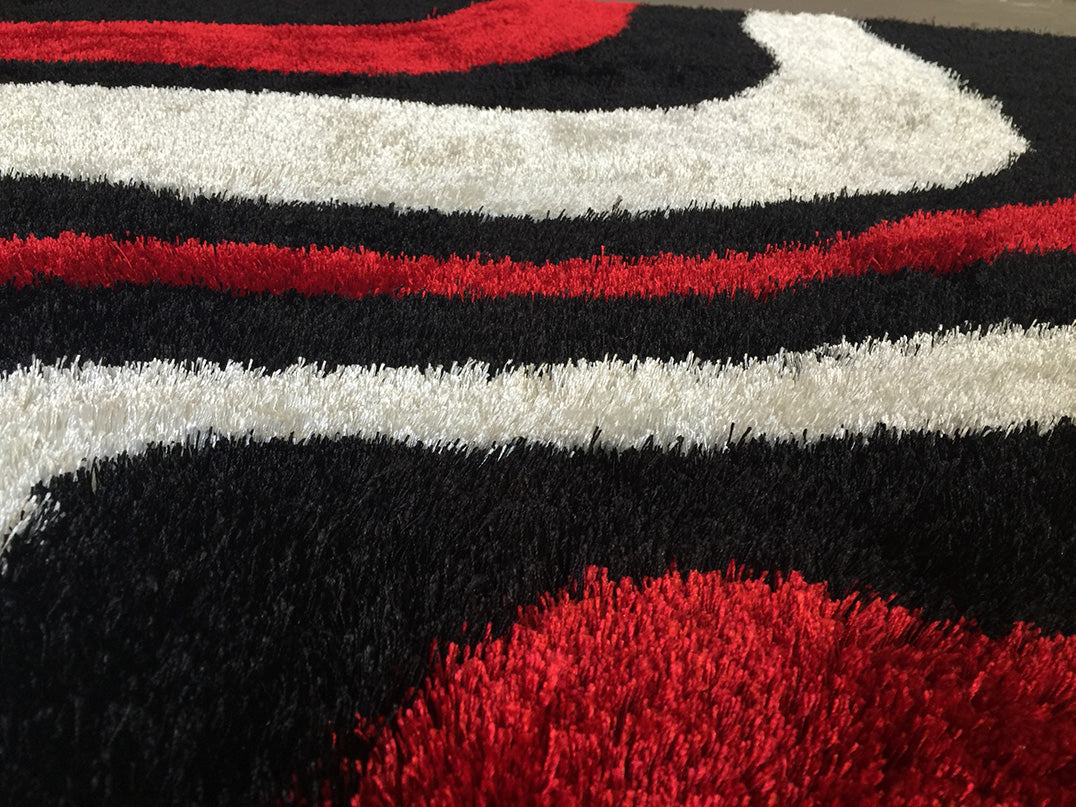 Furnings Aria Black, White & Red Soft Pile Shaggy Area Rug - 3'L x 2'W x 1"H