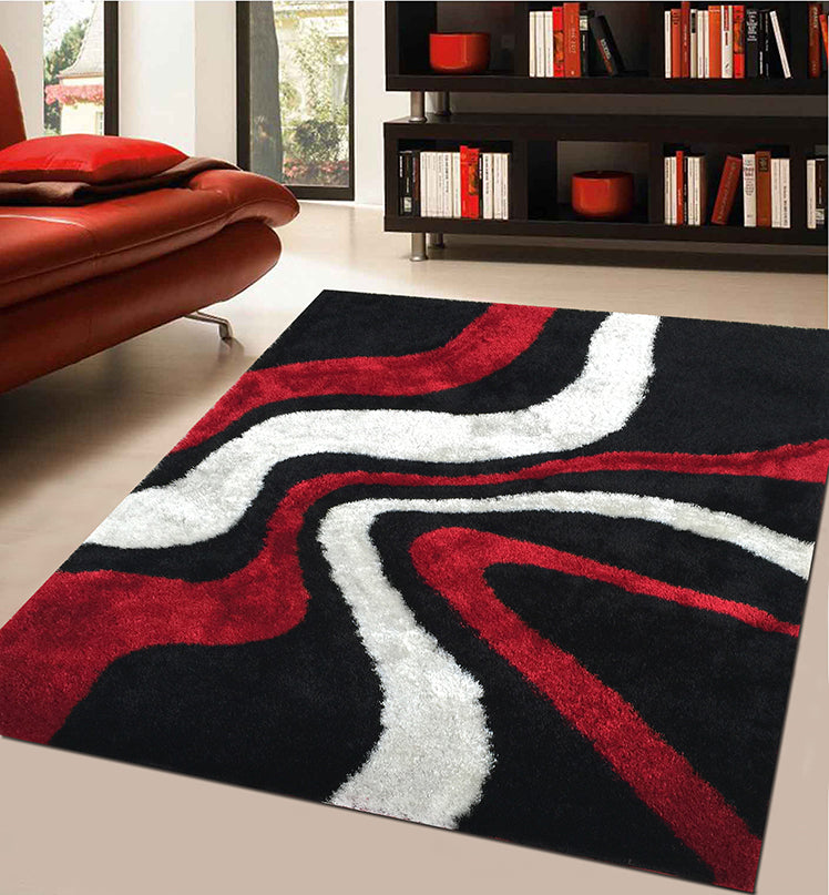 Furnings - Aria Black, White & Red Soft Pile Shaggy Area Rug