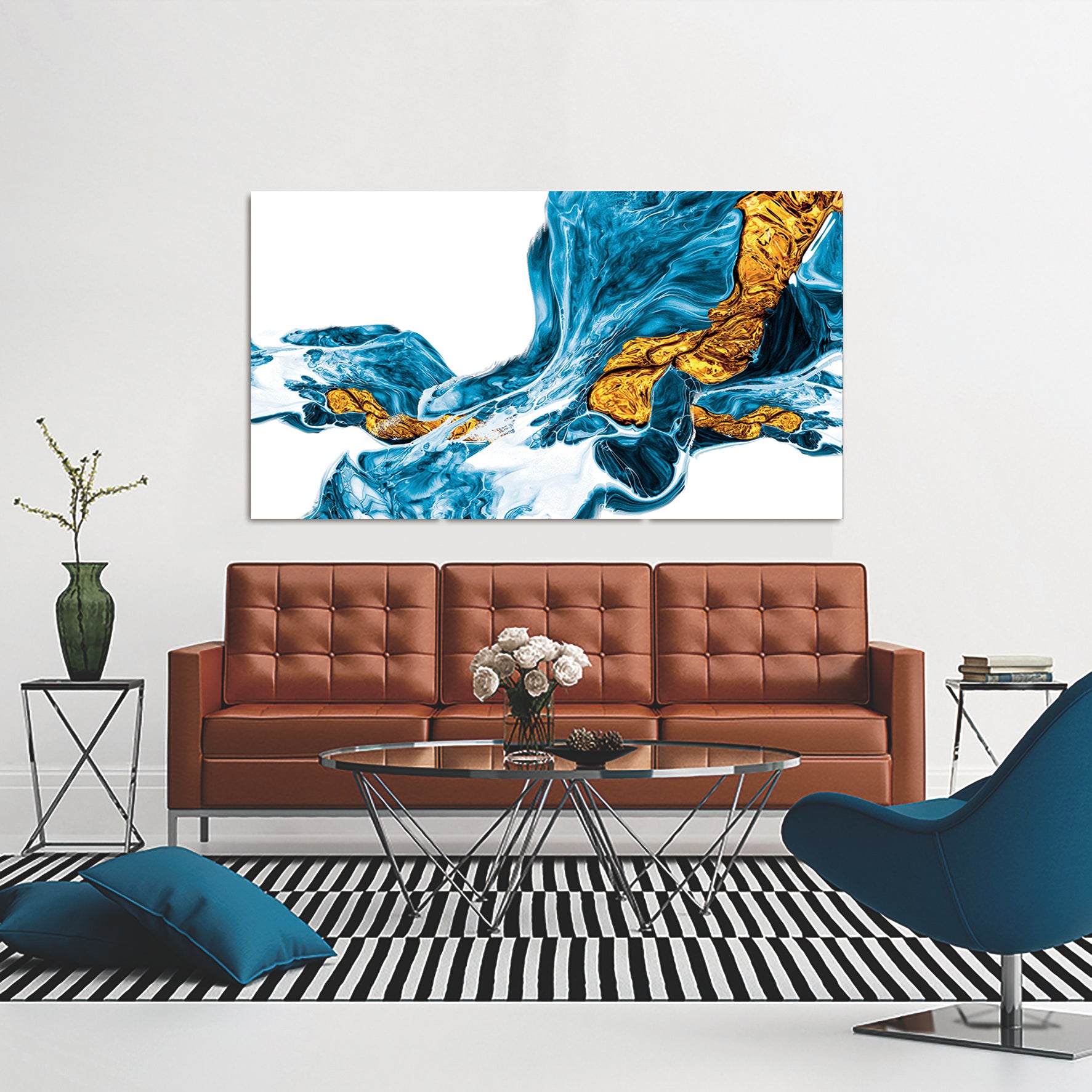 Furnings - Abstract Turquoise and Yellow Acrylic Print Unframed Wall Art