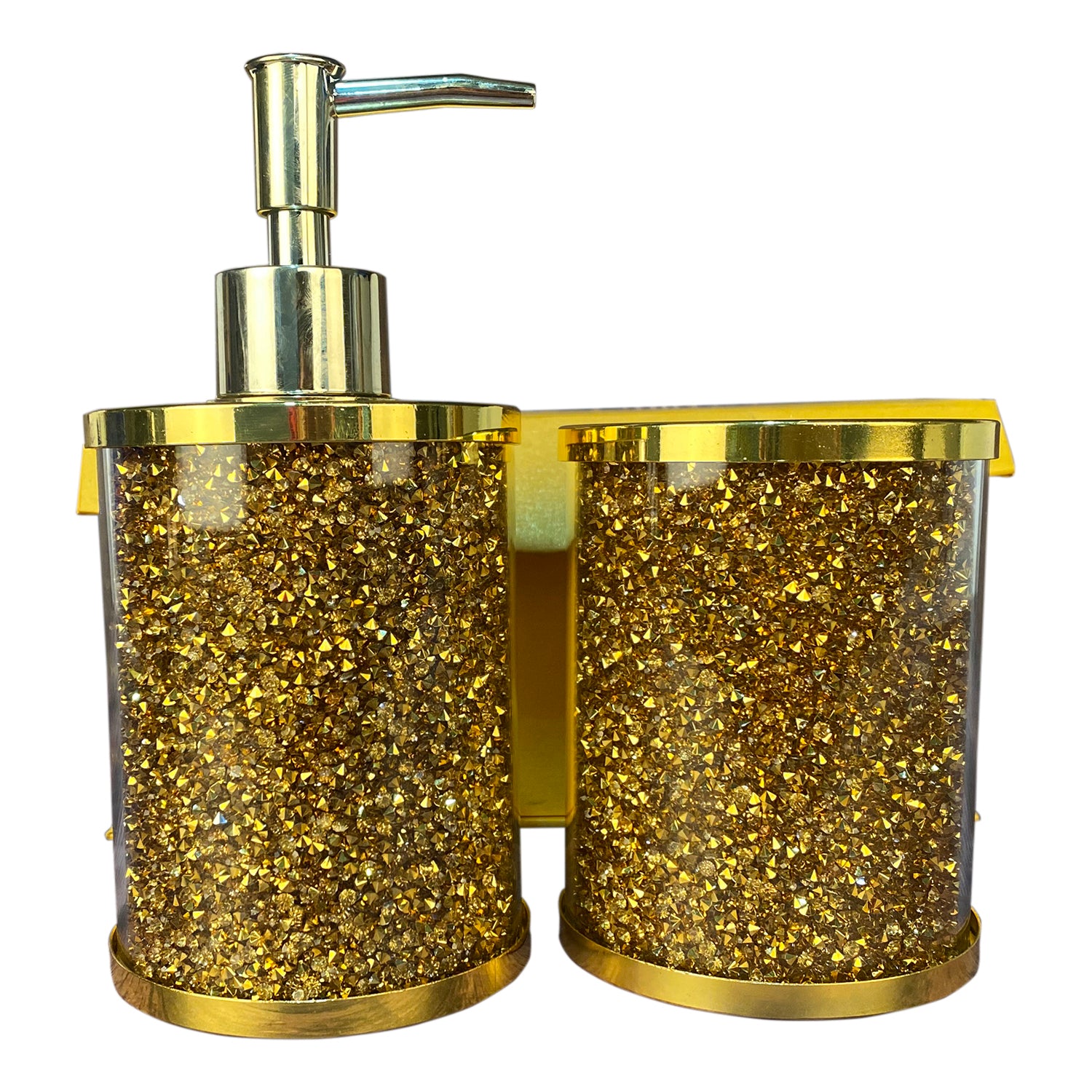 Furnings - Soap Dispenser and Toothbrush Holder in Gift Box, Gold Crushed Diamond Glass