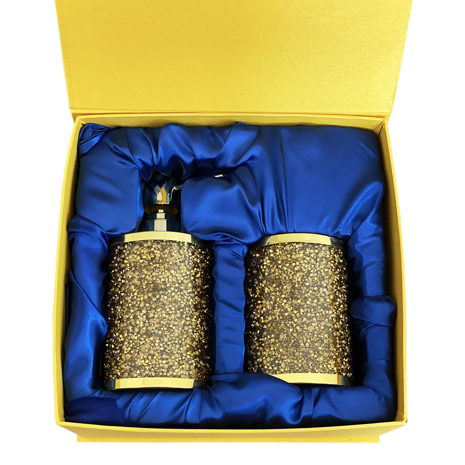 Furnings Soap Dispenser and Toothbrush Holder in Gift Box, Gold Crushed Diamond Glass