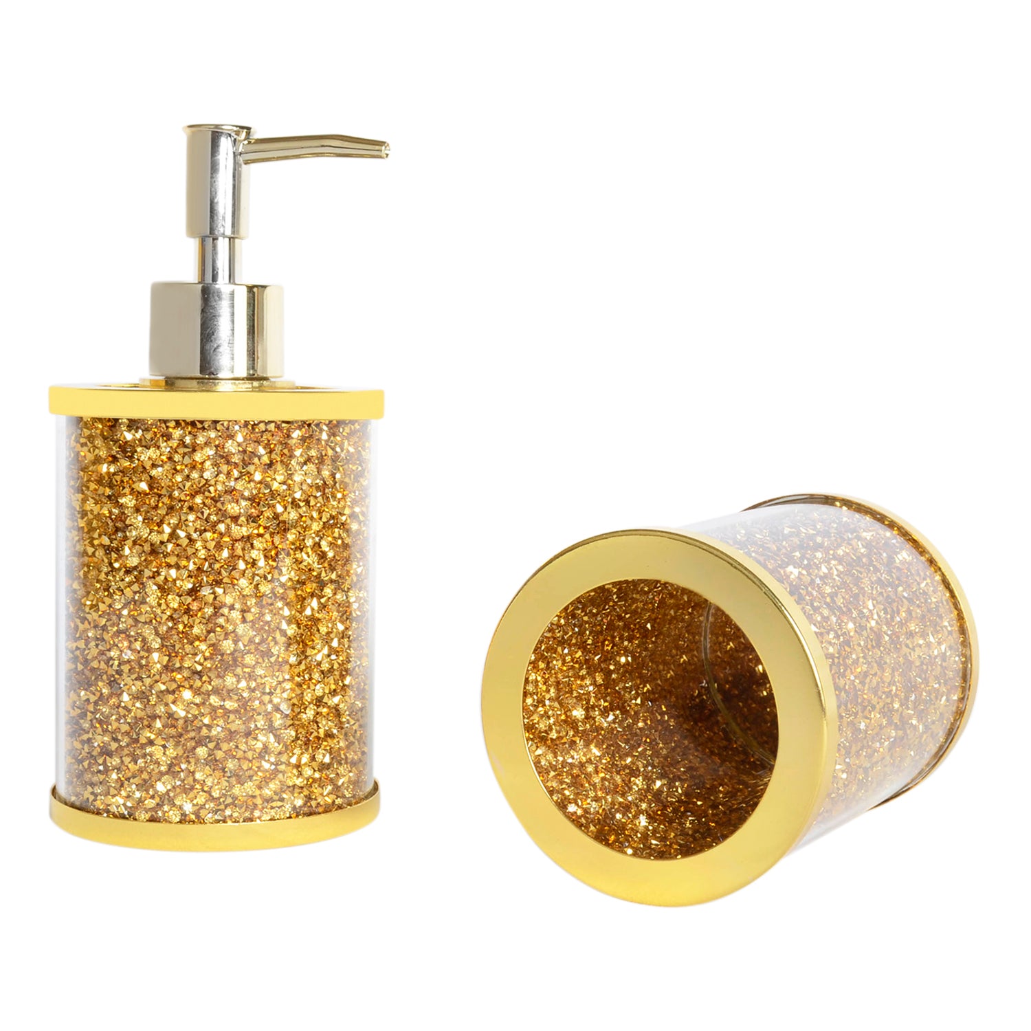 Furnings Soap Dispenser and Toothbrush Holder in Gift Box, Gold Crushed Diamond Glass