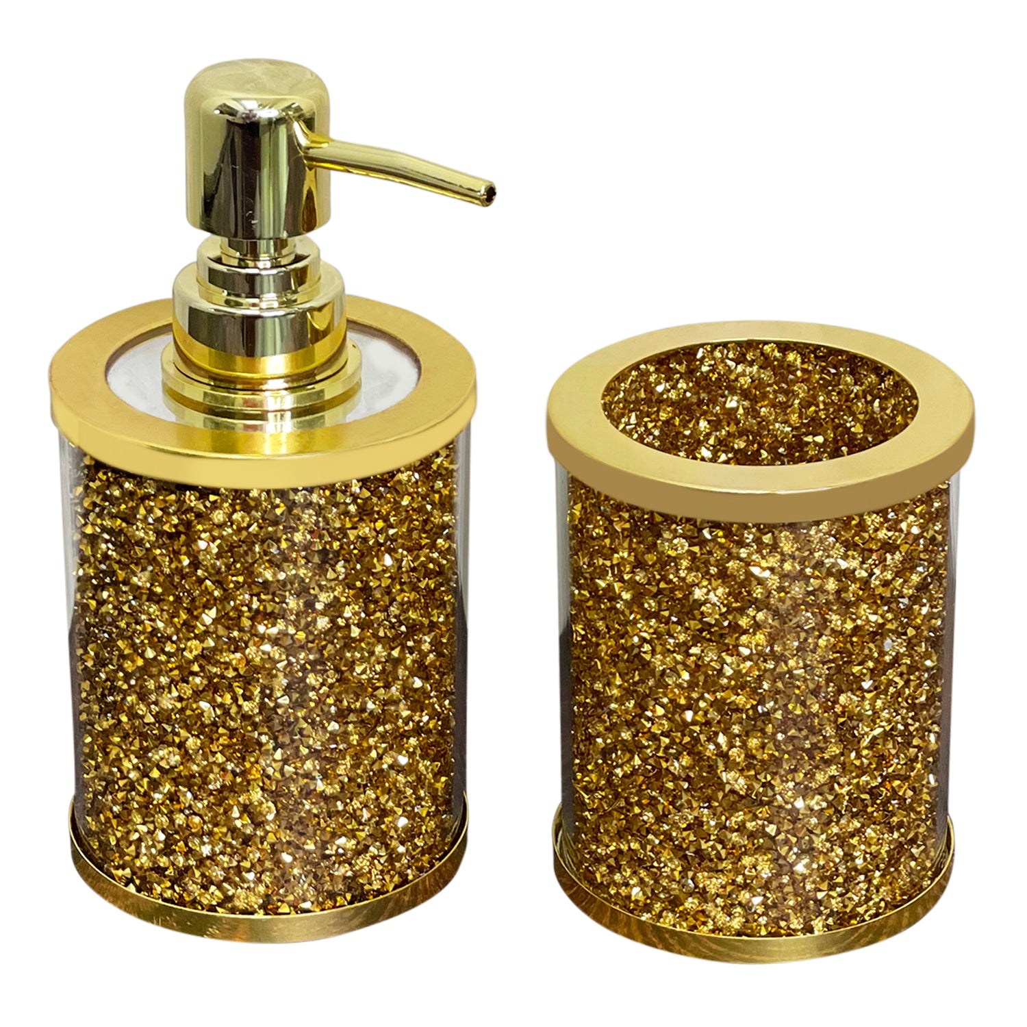 Furnings Soap Dispenser and Toothbrush Holder in Gift Box, Gold Crushed Diamond Glass