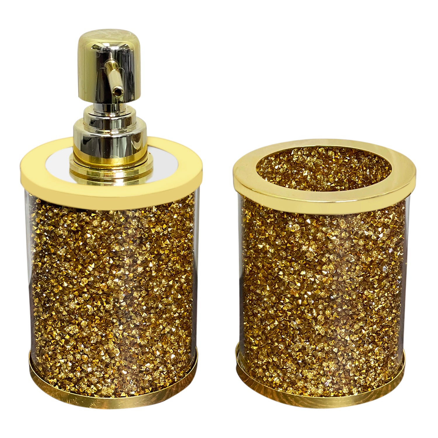 Furnings Soap Dispenser and Toothbrush Holder in Gift Box, Gold Crushed Diamond Glass