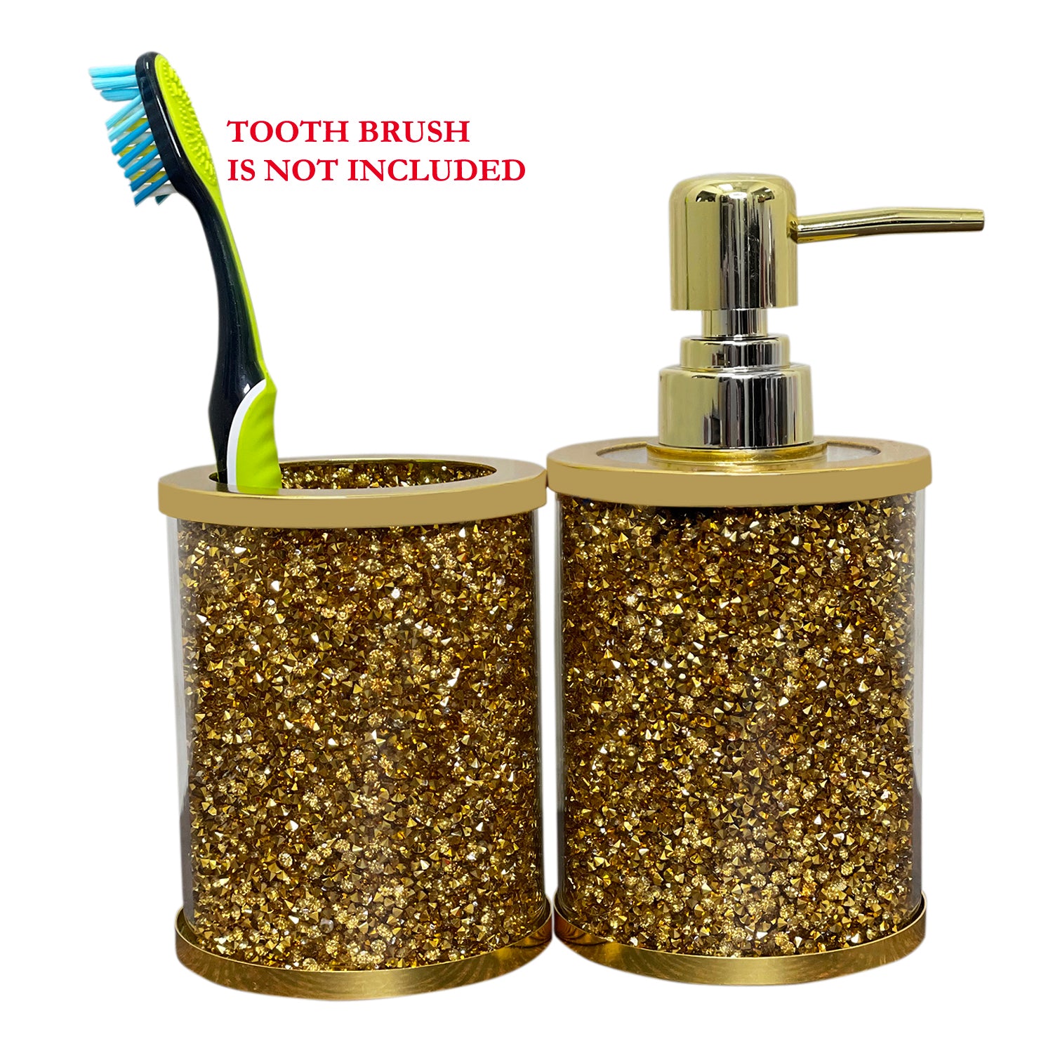 Furnings Soap Dispenser and Toothbrush Holder in Gift Box, Gold Crushed Diamond Glass