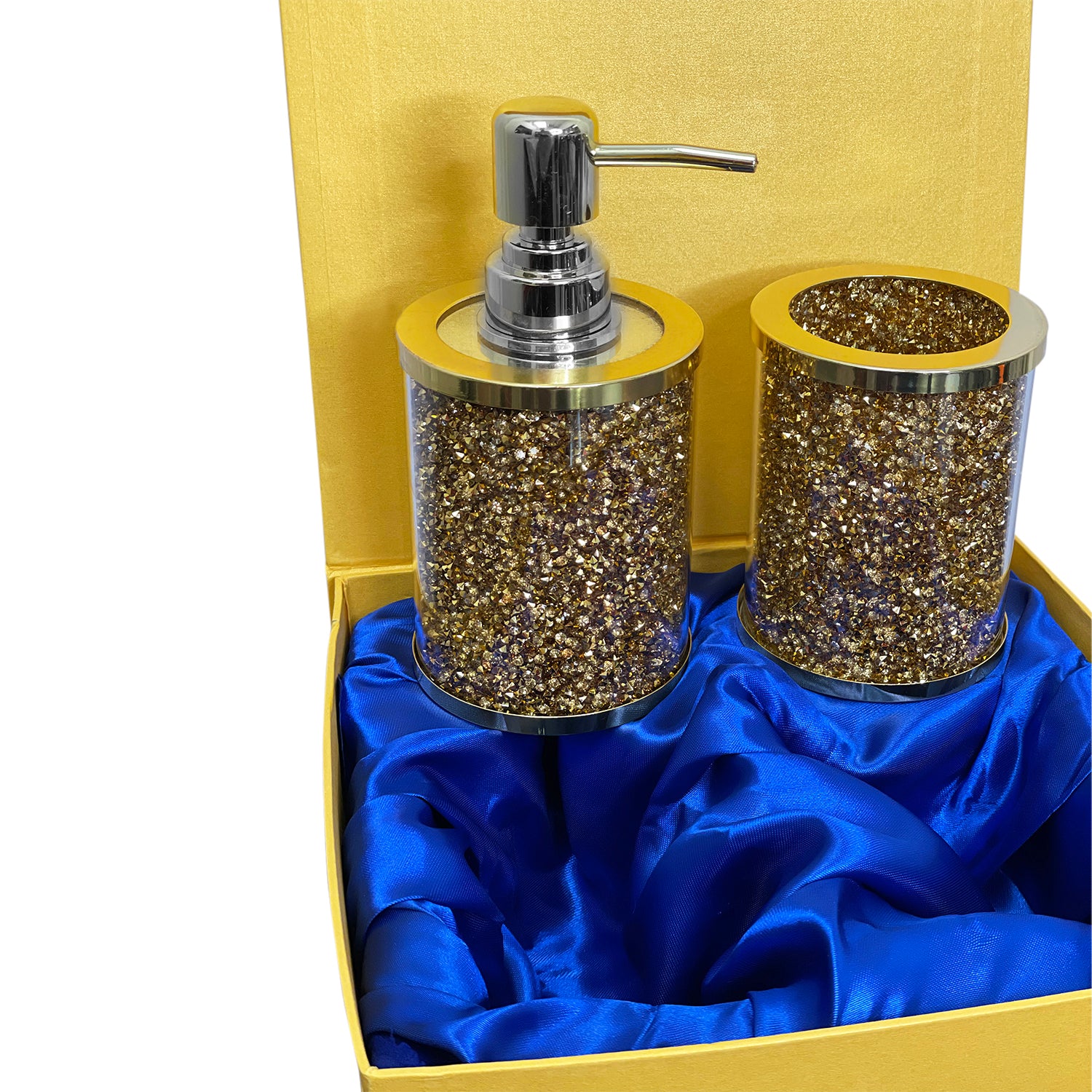 Furnings Soap Dispenser and Toothbrush Holder in Gift Box, Gold Crushed Diamond Glass