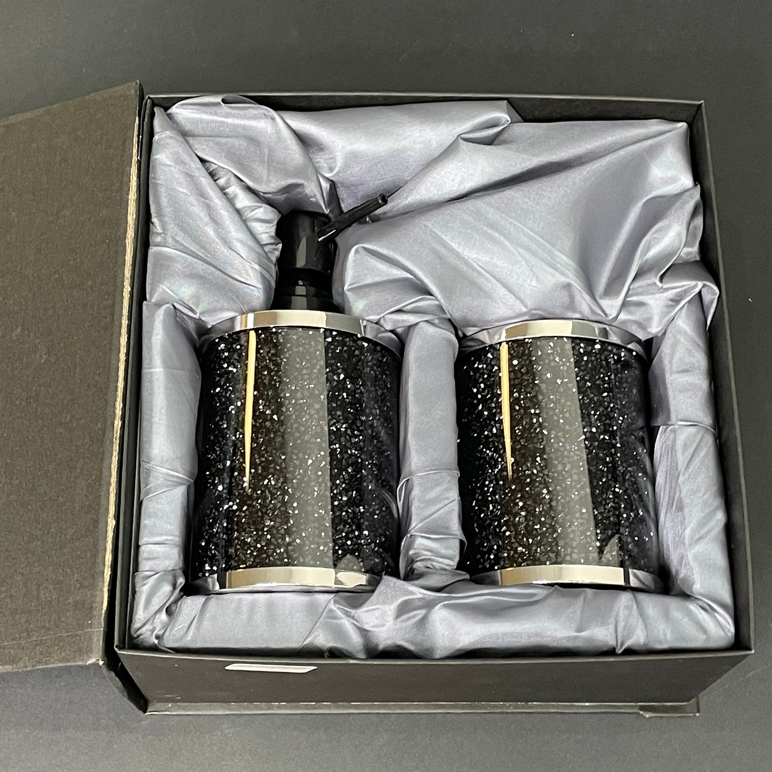 Furnings - Soap Dispenser and Toothbrush Holder in Gift Box, Gold Crushed Diamond Glass