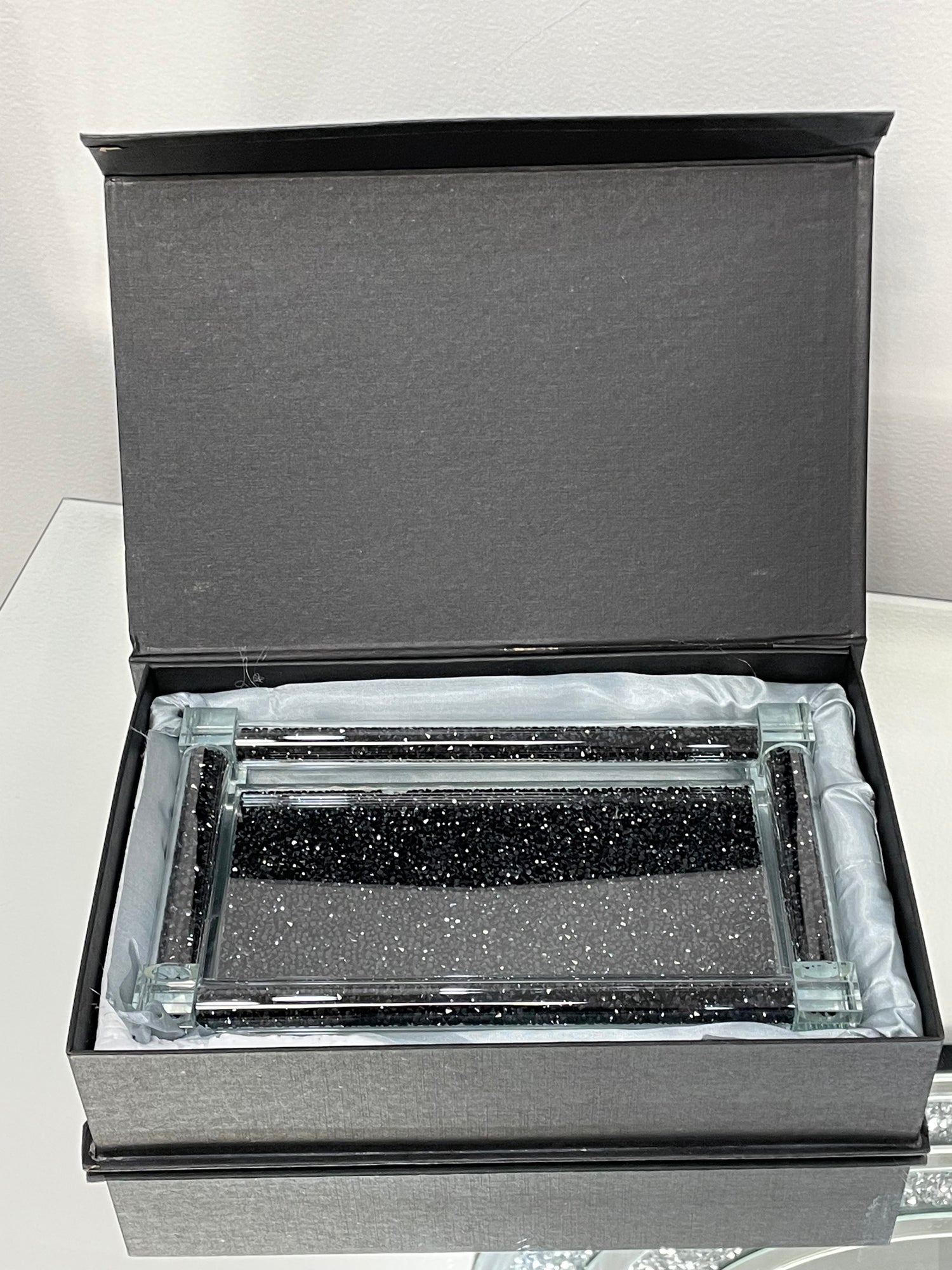 Furnings - Soap Dispenser and Toothbrush Holder with Tray, Black Crushed Diamond Glass