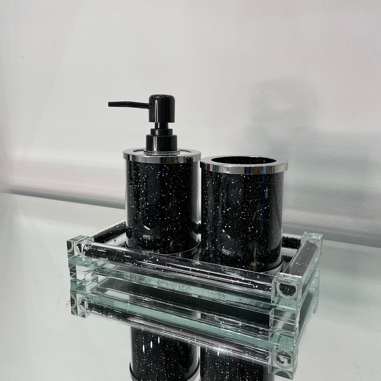 Furnings - Soap Dispenser and Toothbrush Holder with Tray, Black Crushed Diamond Glass