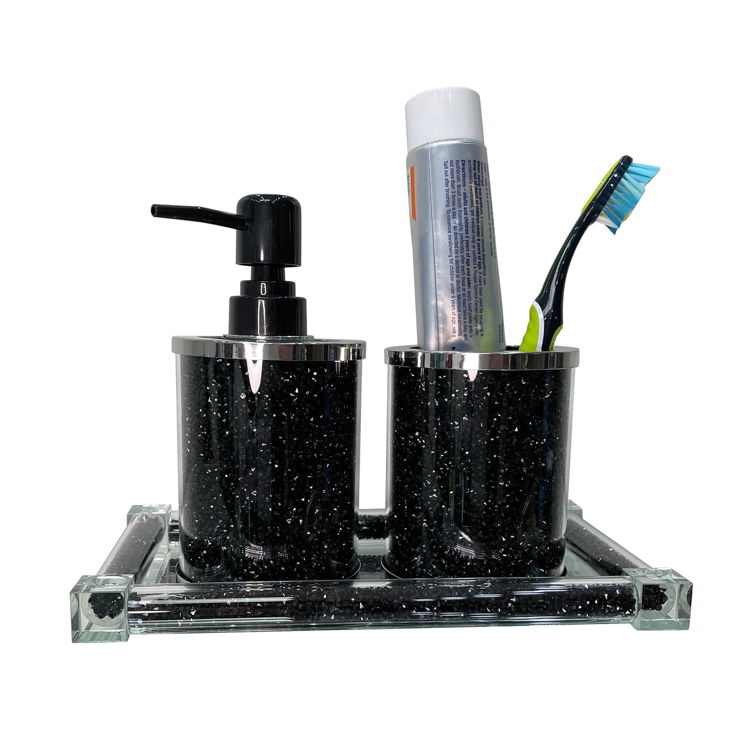 Furnings - Soap Dispenser and Toothbrush Holder with Tray, Black Crushed Diamond Glass