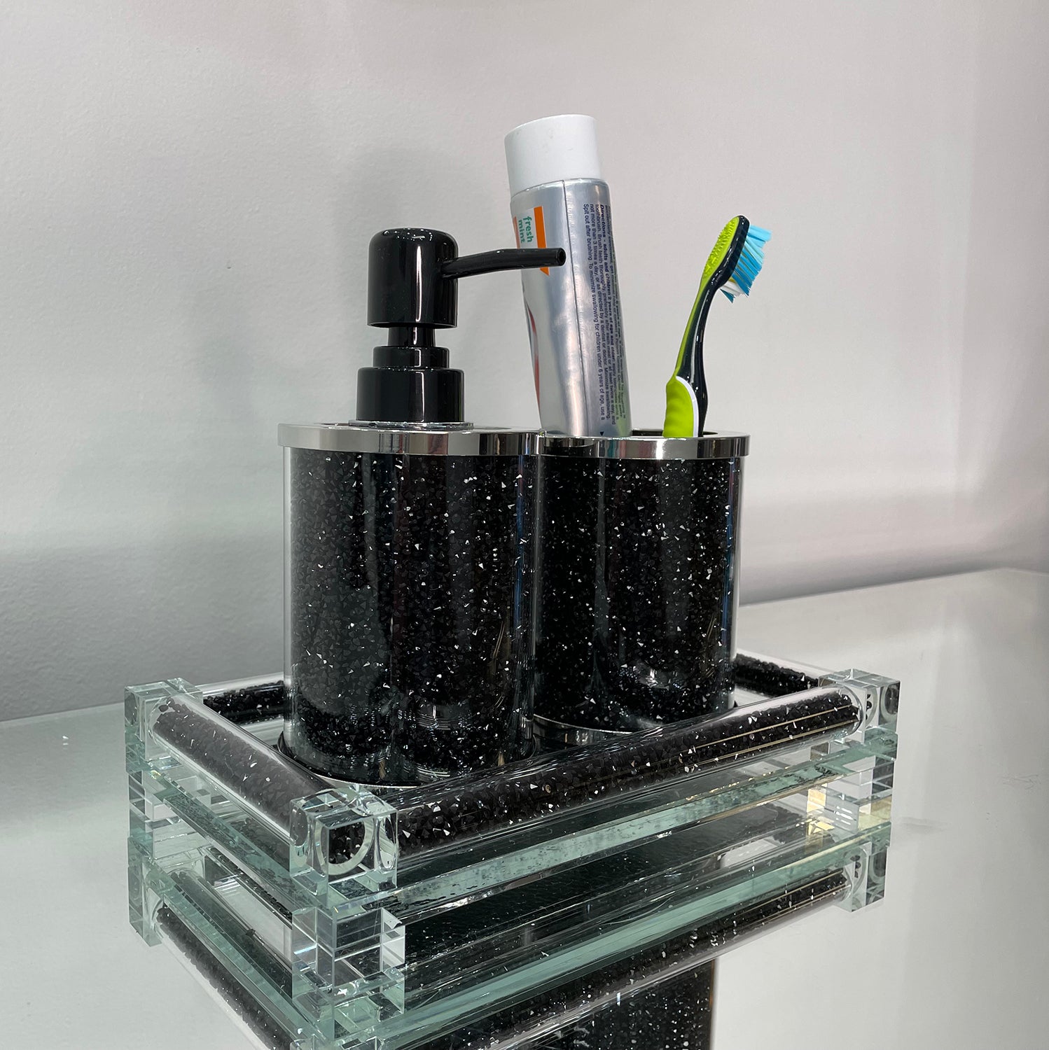 Furnings - Soap Dispenser and Toothbrush Holder with Tray, Black Crushed Diamond Glass