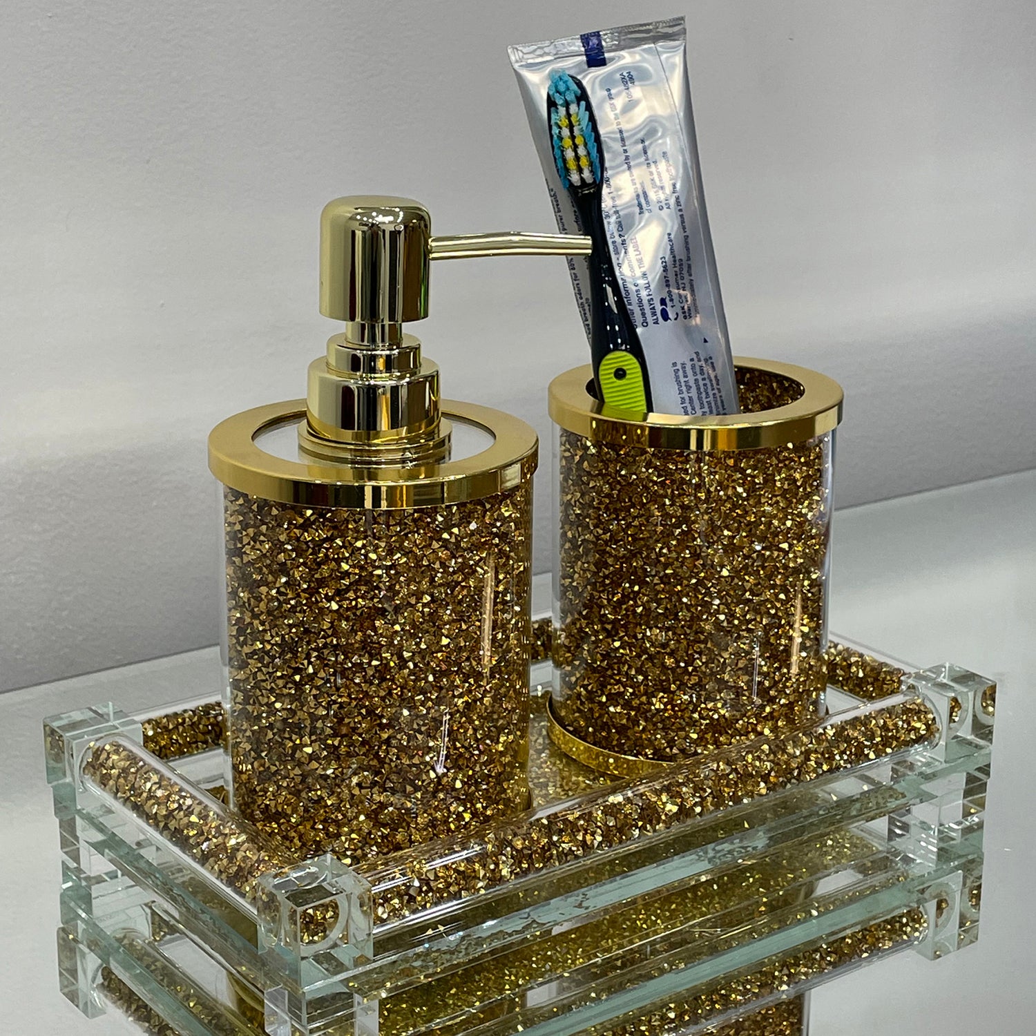 Furnings - Soap Dispenser and Toothbrush Holder with Tray, Gold Crushed Diamond Glass