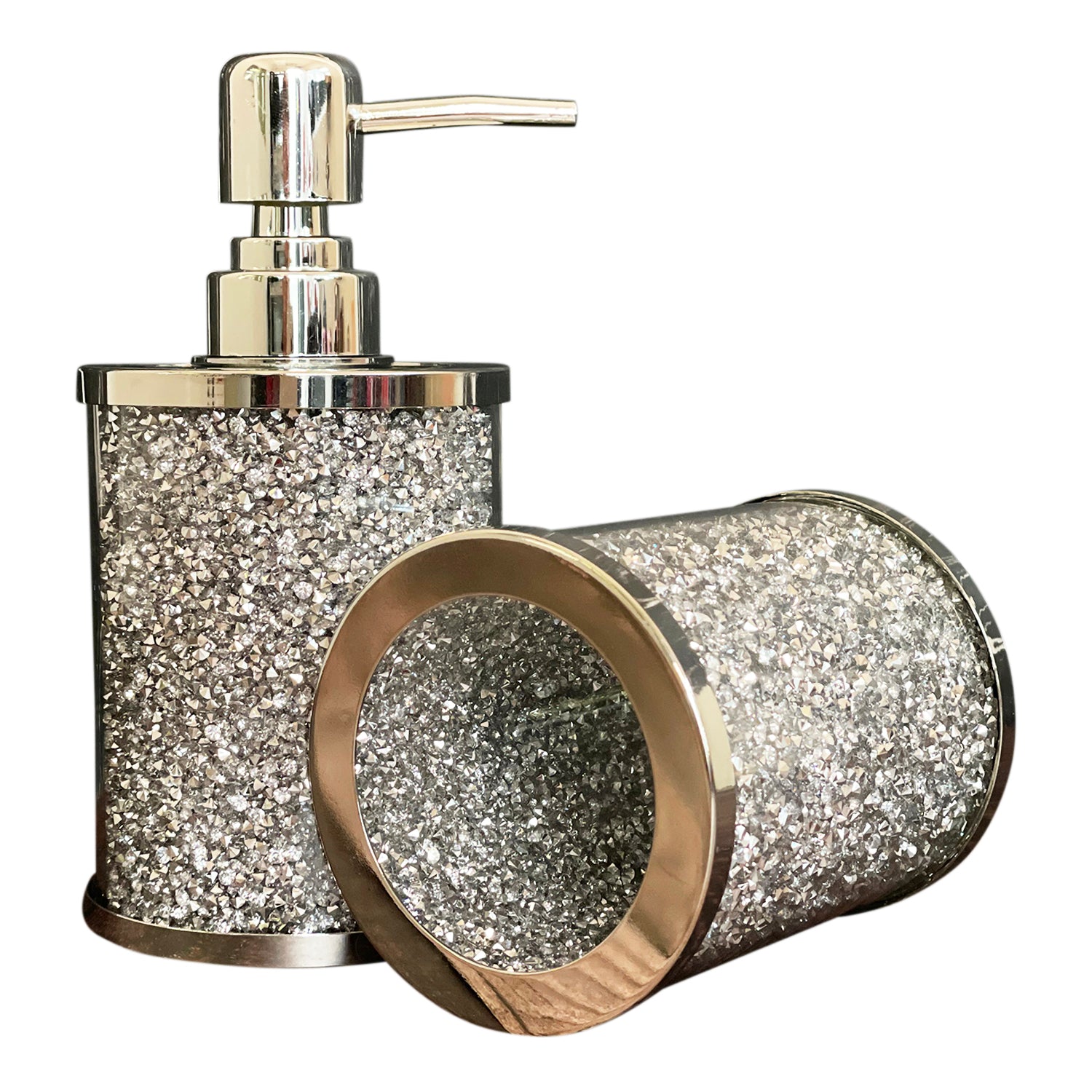 Furnings - Soap Dispenser and Toothbrush Holder with Tray, Silver Crushed Diamond Glass