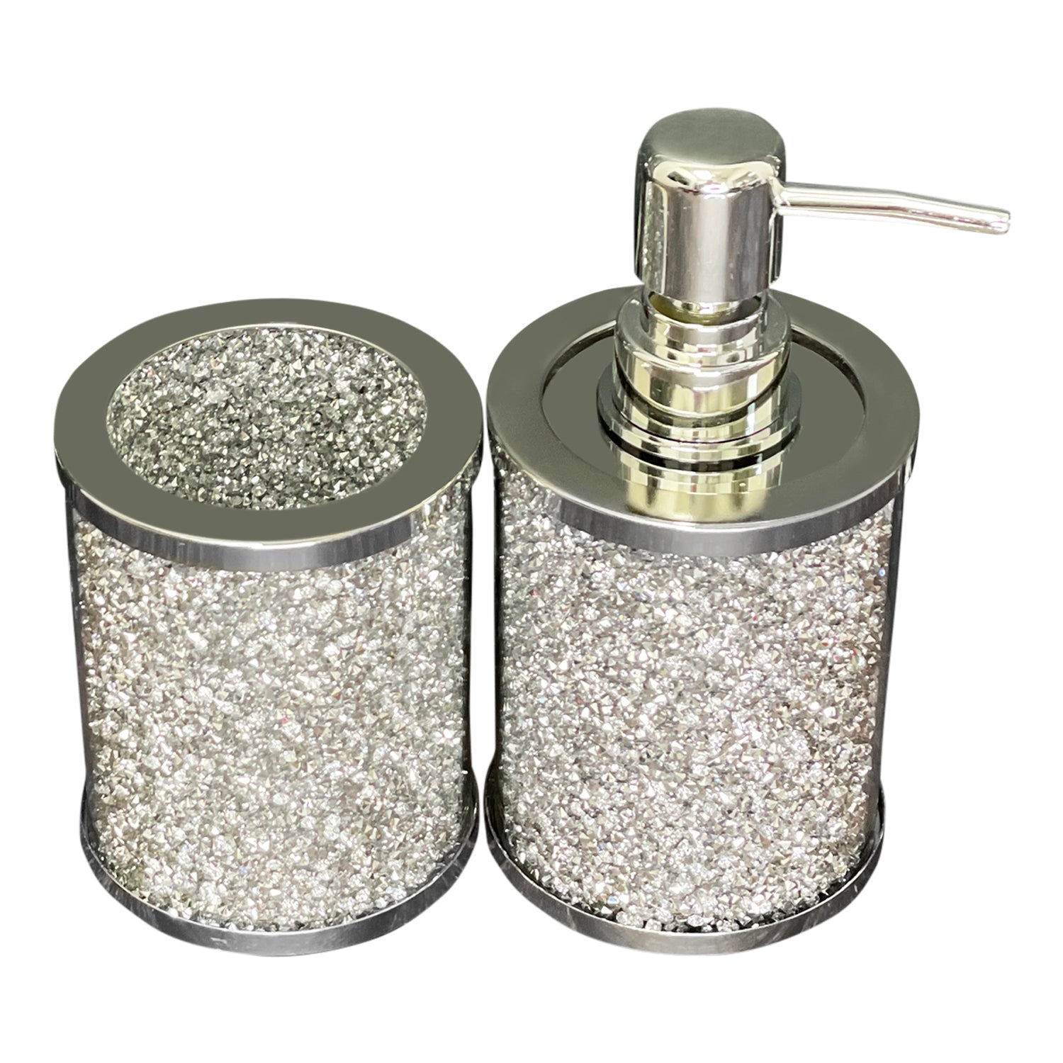 Furnings Soap Dispenser and Toothbrush Holder in Gift Box, Silver Crushed Diamond Glass