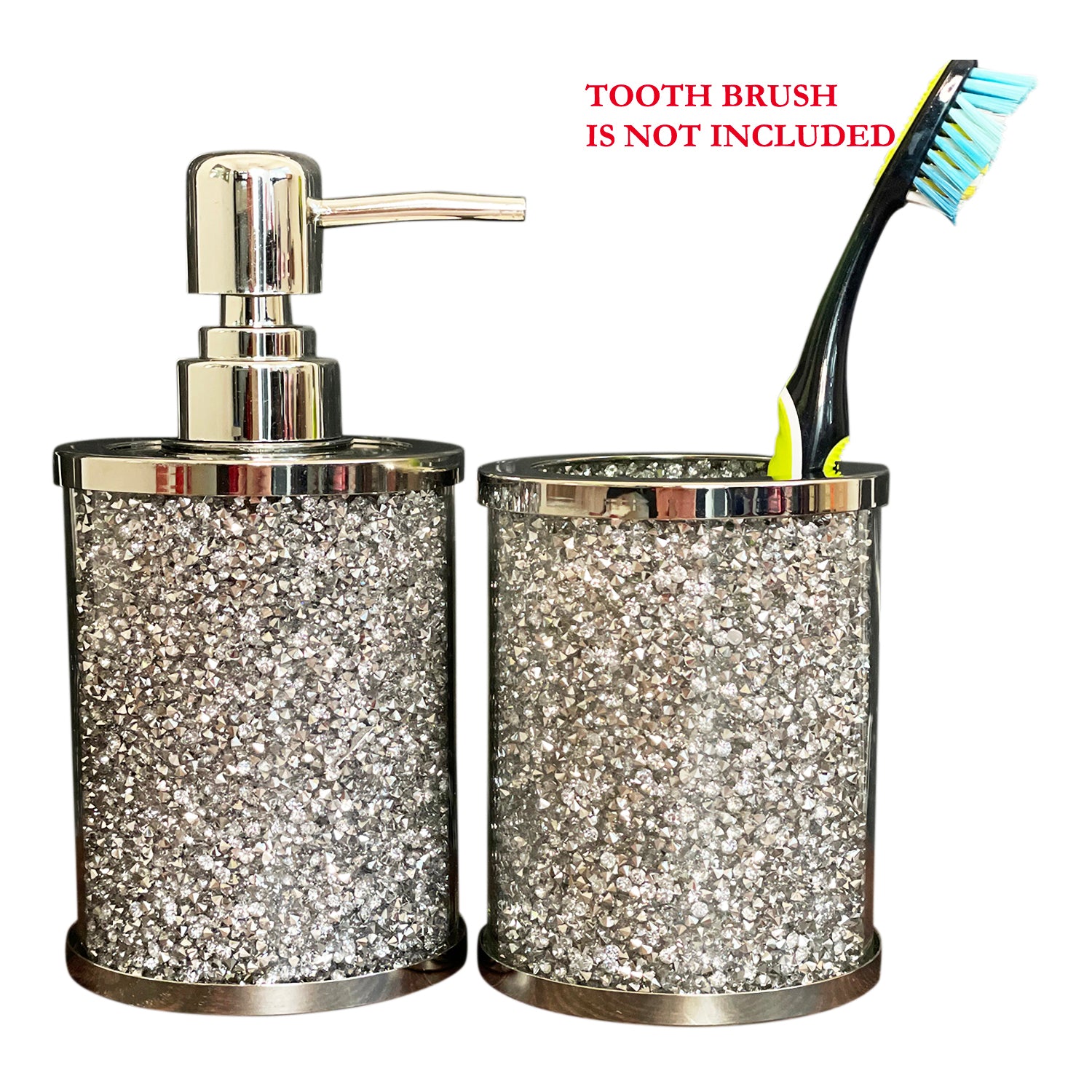 Furnings Soap Dispenser and Toothbrush Holder in Gift Box, Silver Crushed Diamond Glass