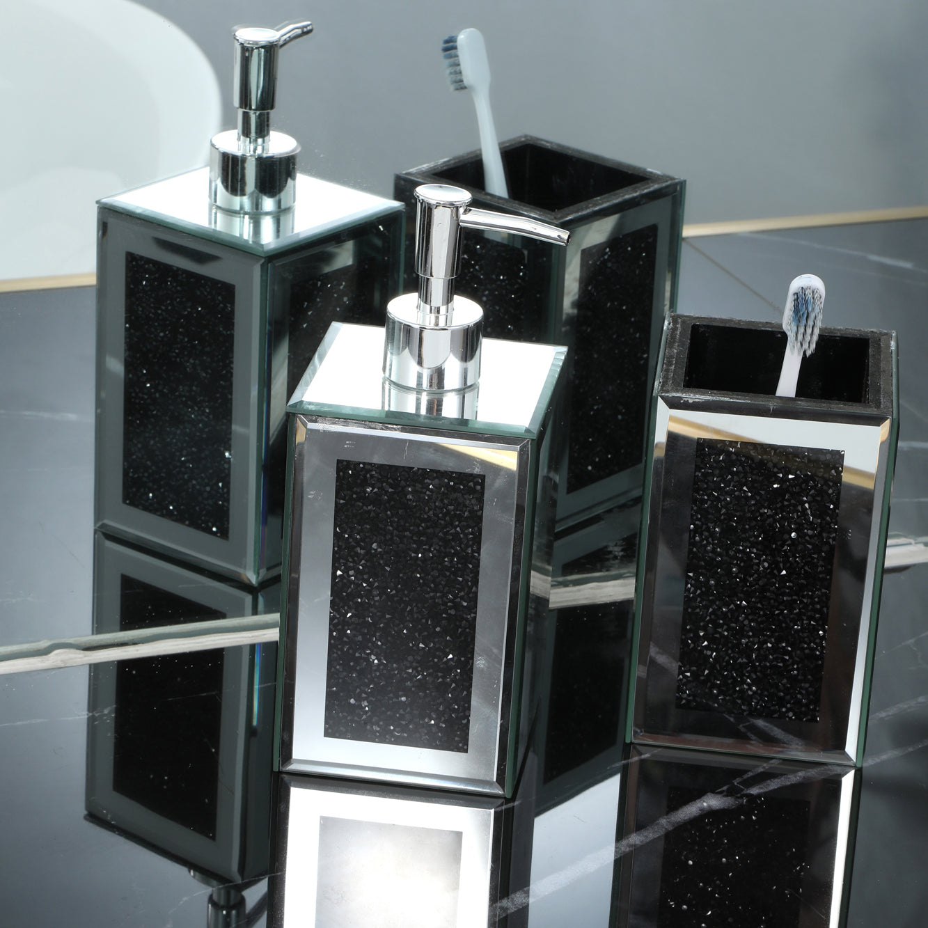 Furnings - Square Soap Dispenser and Toothbrush Holder in Gift Box, Black Crushed Diamond Glass