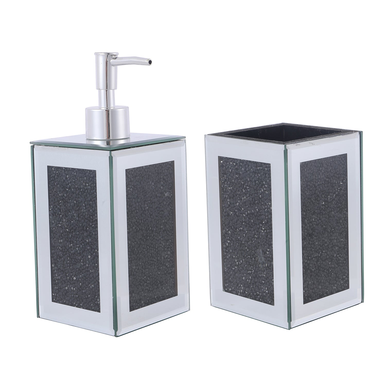 Furnings - Square Soap Dispenser and Toothbrush Holder in Gift Box, Black Crushed Diamond Glass