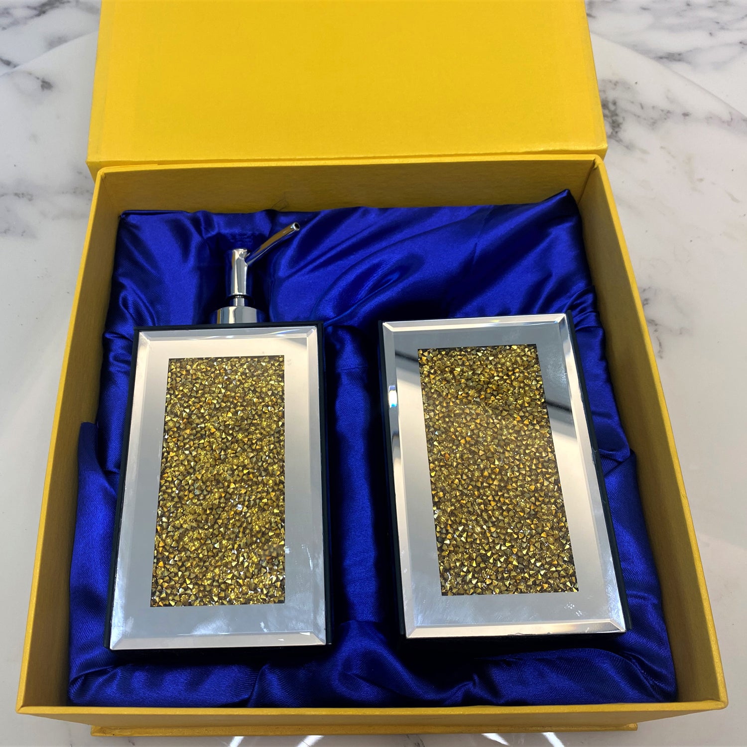 Furnings - Square Soap Dispenser and Toothbrush Holder in Gift Box, Gold Crushed Diamond Glass