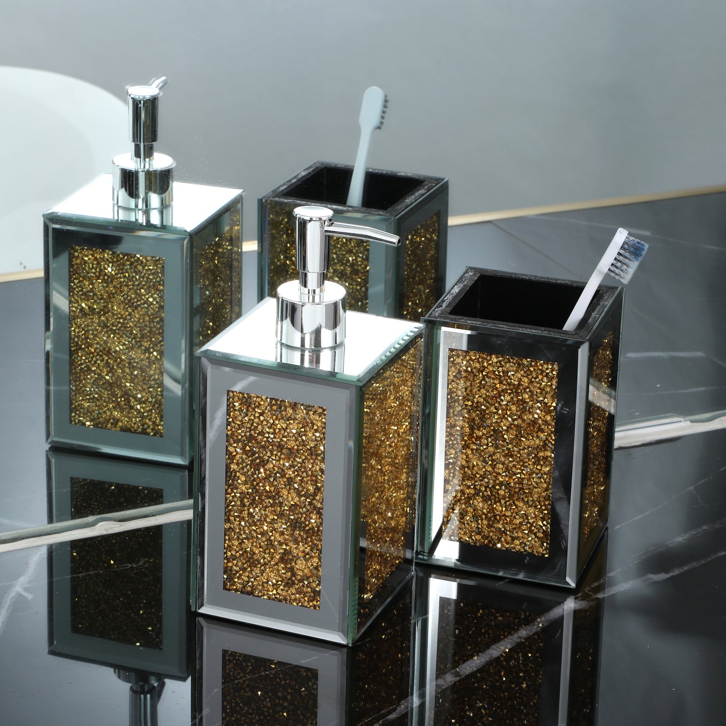 Furnings - Square Soap Dispenser and Toothbrush Holder in Gift Box, Gold Crushed Diamond Glass