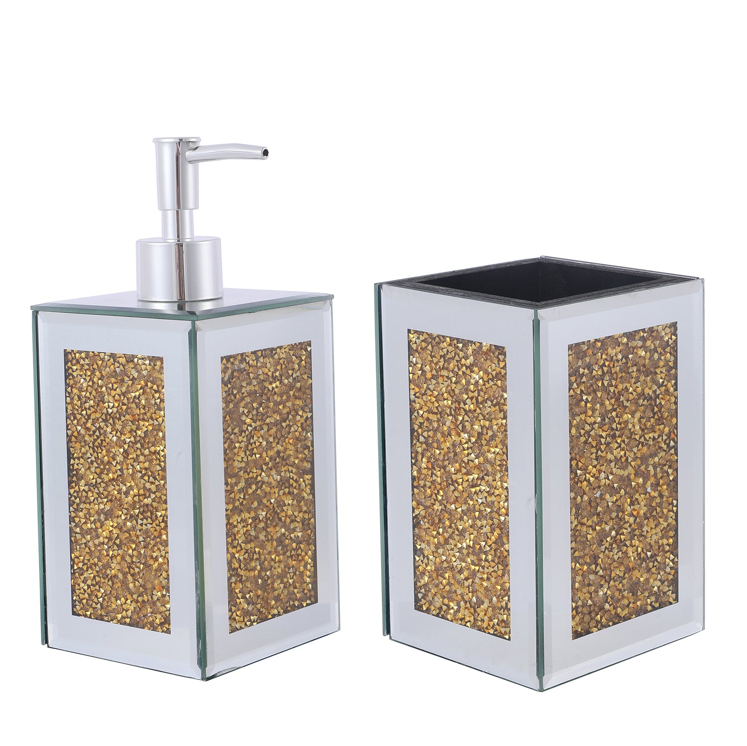 Furnings - Square Soap Dispenser and Toothbrush Holder in Gift Box, Gold Crushed Diamond Glass