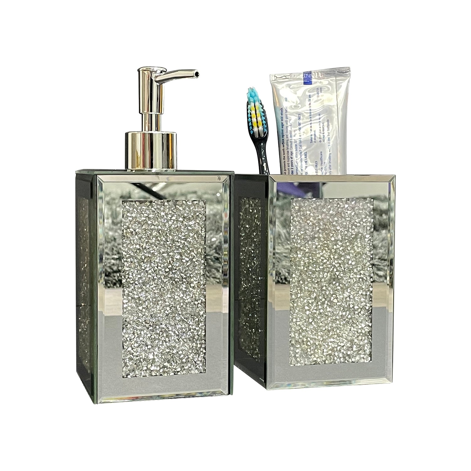 Furnings - Square Soap Dispenser and Toothbrush Holder in Gift Box, Silver Crushed Diamond Glass