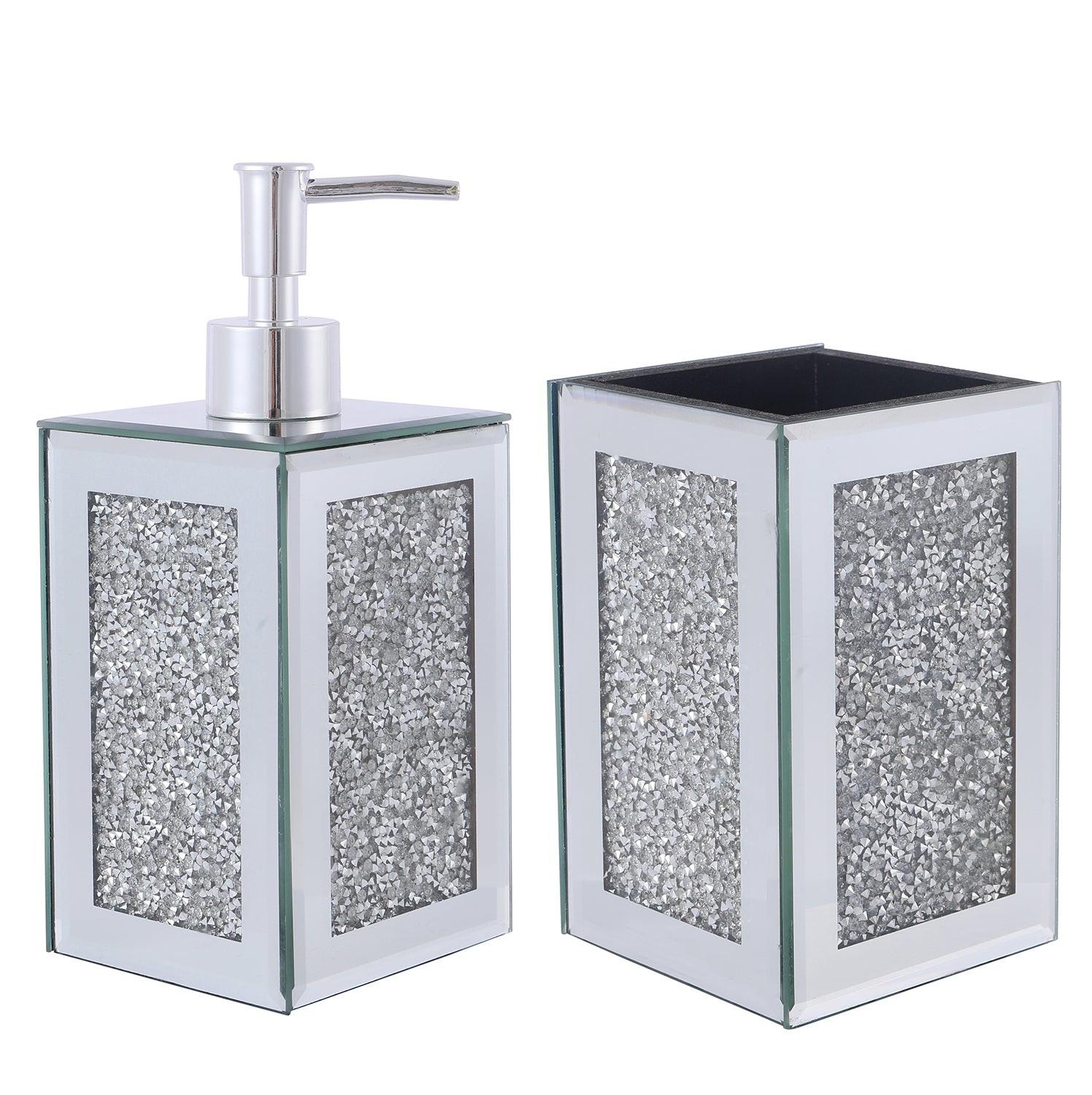 Furnings - Square Soap Dispenser and Toothbrush Holder in Gift Box, Silver Crushed Diamond Glass