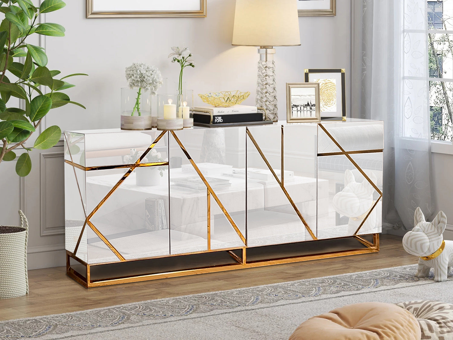 Furnings - Mirrored Sideboard Buffet with Gold Geometric Accents in Glamorous Storage and Serving Solution