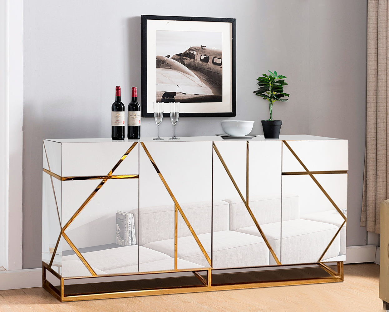 Furnings - Mirrored Sideboard Buffet with Gold Geometric Accents in Glamorous Storage and Serving Solution