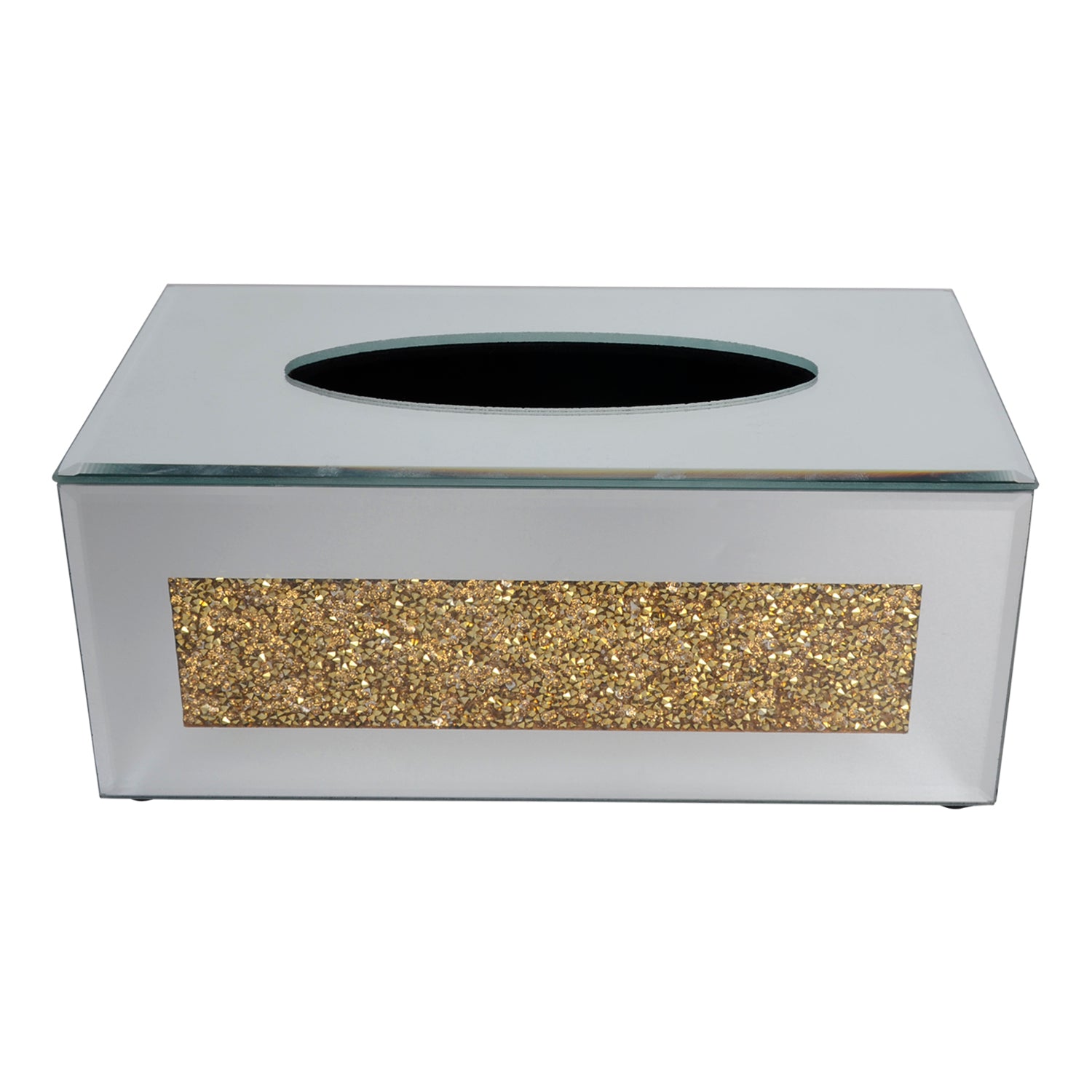 Furnings Mirrored Tissue Holder in Gift Box in Gift Box, Gold Crushed Diamond Glass Accent