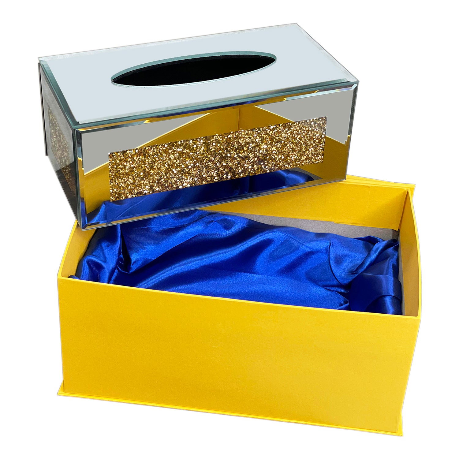 Furnings Mirrored Tissue Holder in Gift Box in Gift Box, Gold Crushed Diamond Glass Accent