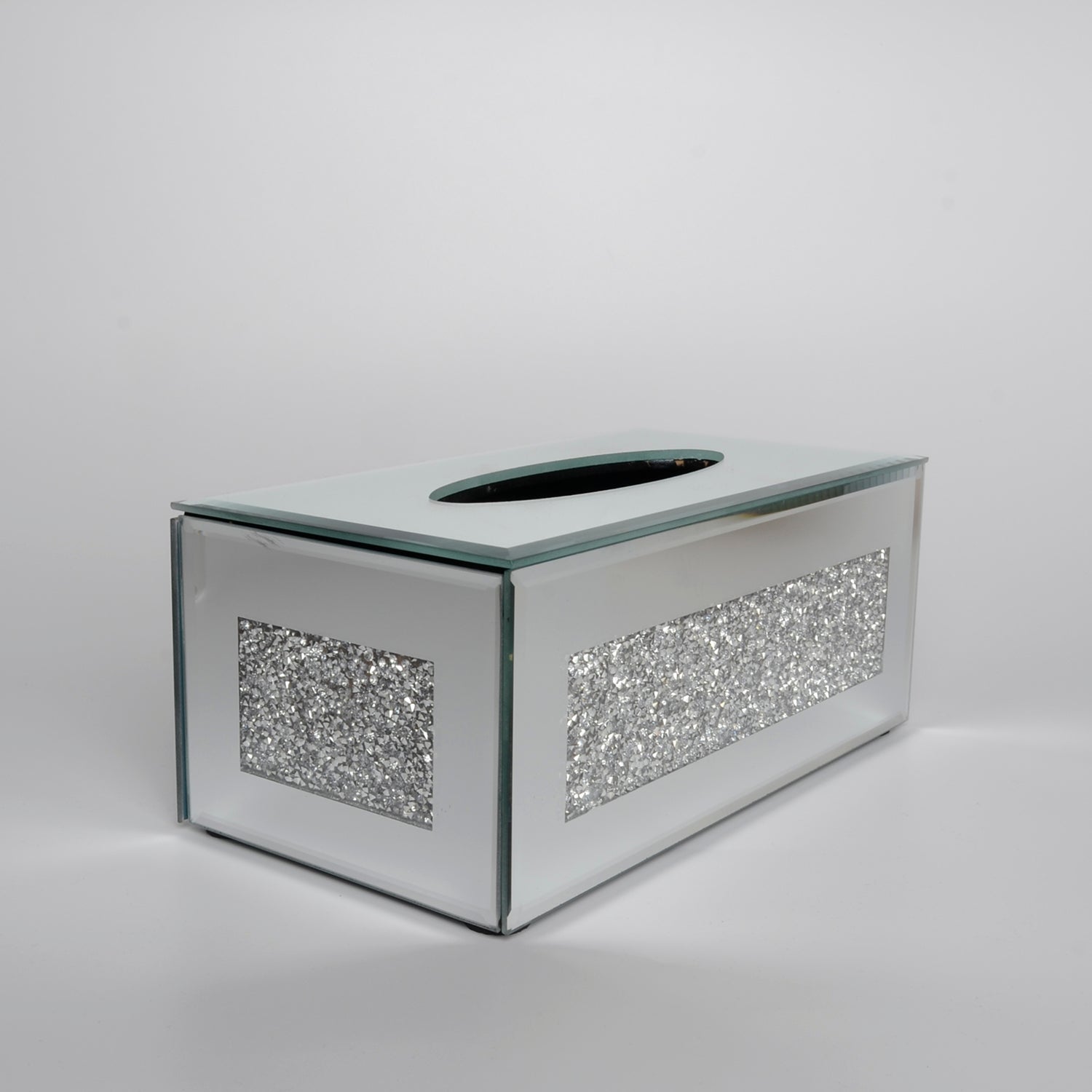 Furnings Mirrored Tissue Holder in Gift Box in Gift Box, Silver Crushed Diamond Glass Accent