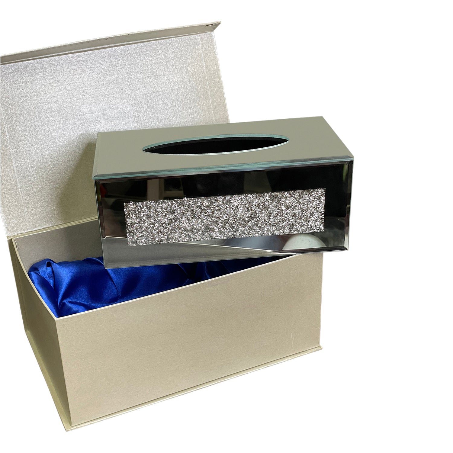 Furnings Mirrored Tissue Holder in Gift Box in Gift Box, Silver Crushed Diamond Glass Accent