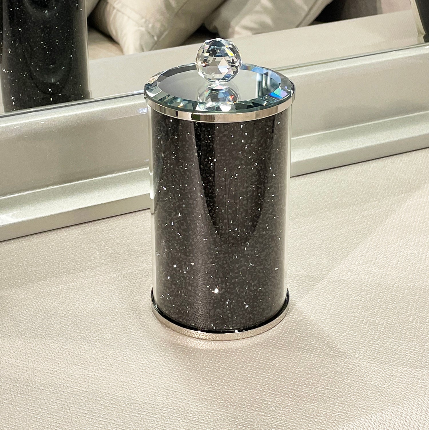 Furnings Black Crushed Diamond Glass Canister in Gift Box - 8"H x 4"D