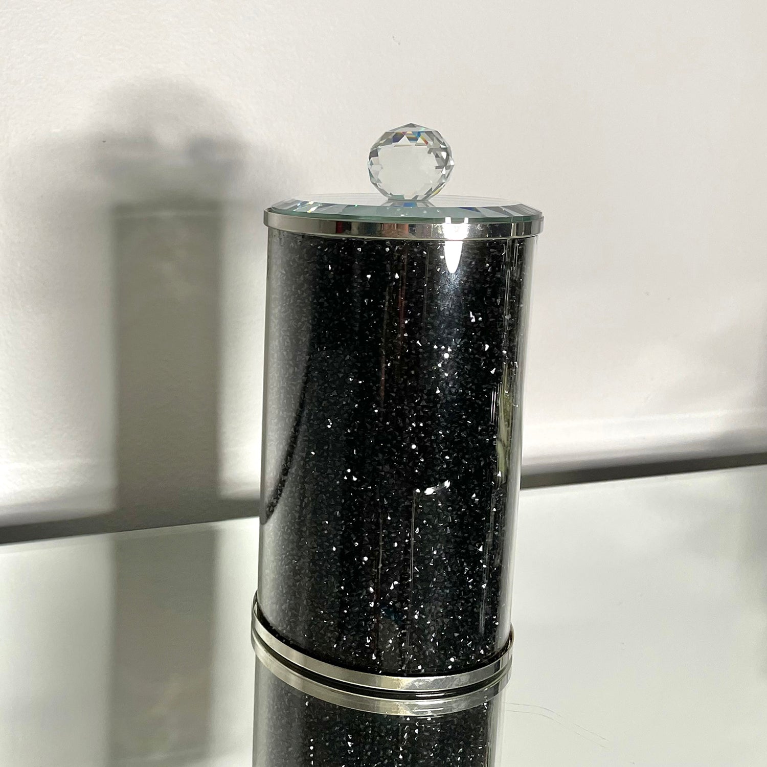 Furnings Black Crushed Diamond Glass Canister in Gift Box - 8"H x 4"D