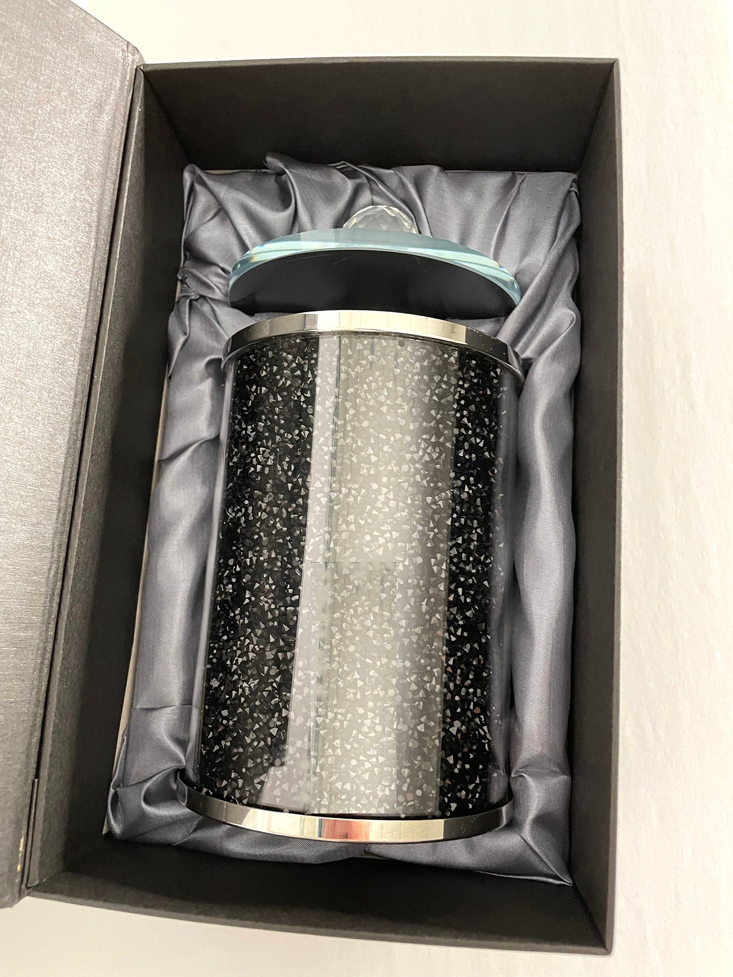 Furnings Black Crushed Diamond Glass Canister in Gift Box - 7"H x 4"D