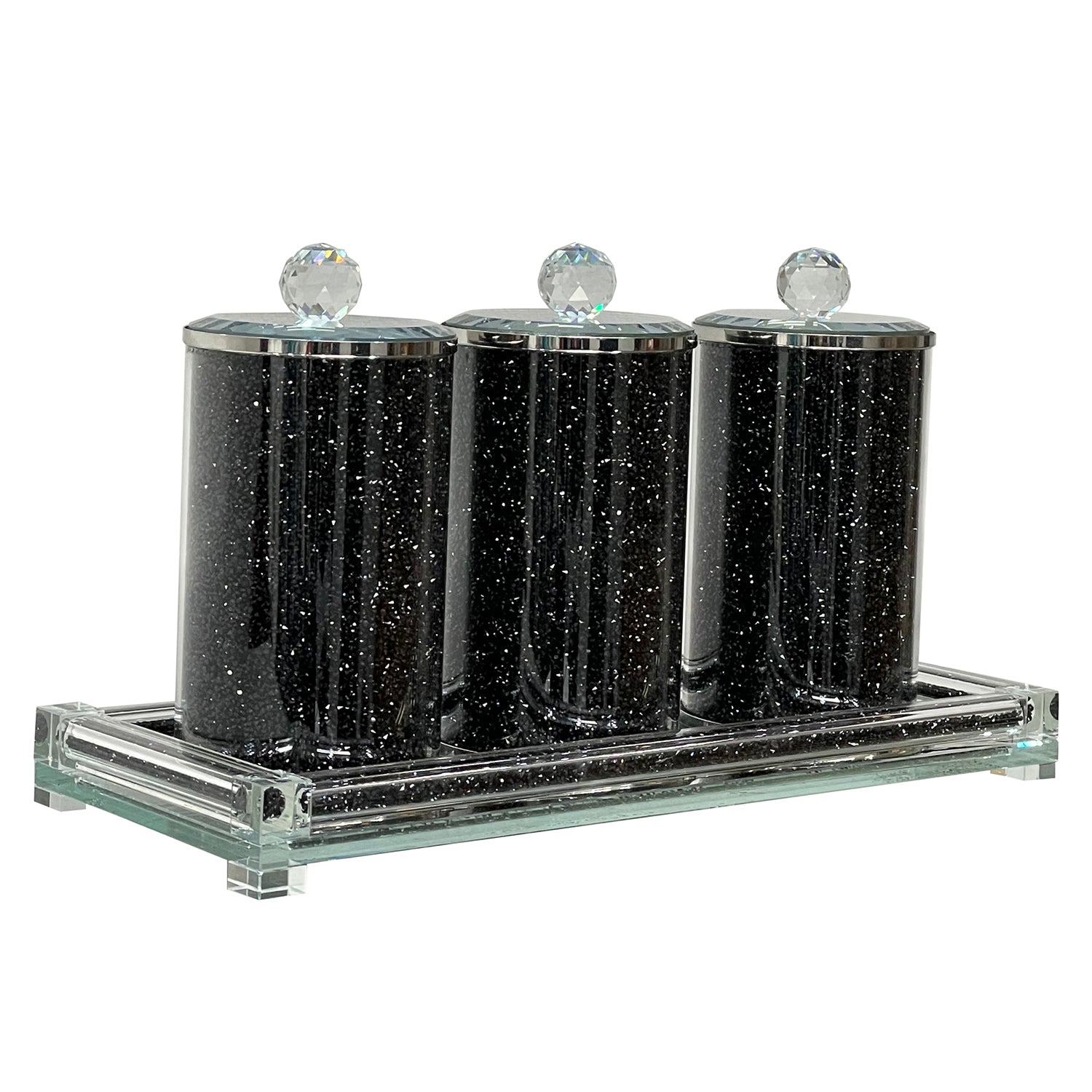 Furnings - Three Glass Canister Set on a Tray, Black Crushed Diamond Glass