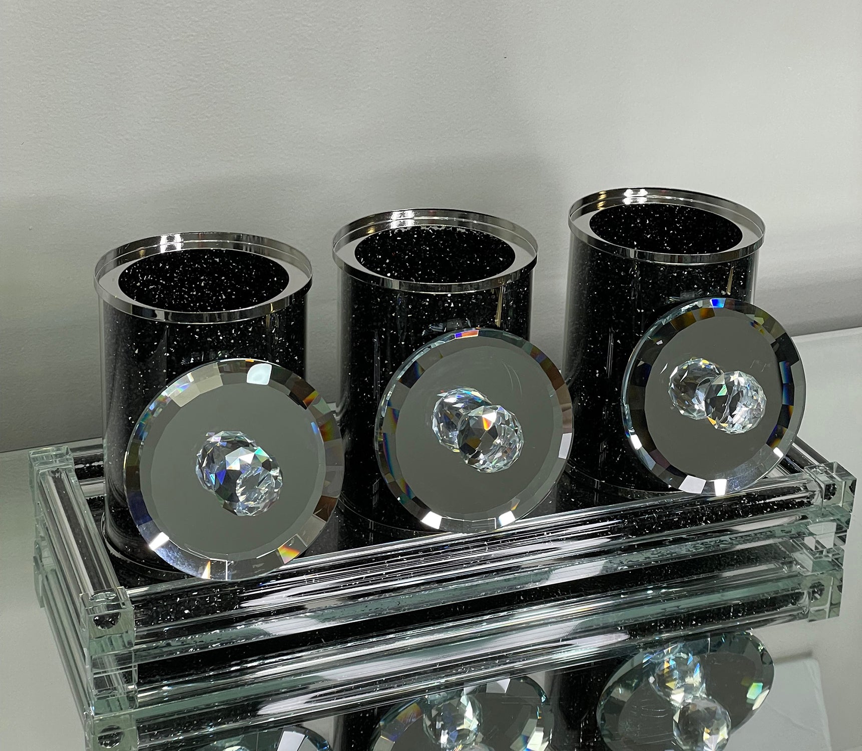 Furnings Three Glass Canister Set on a Tray, Black Crushed Diamond Glass - 8"H x 4"D