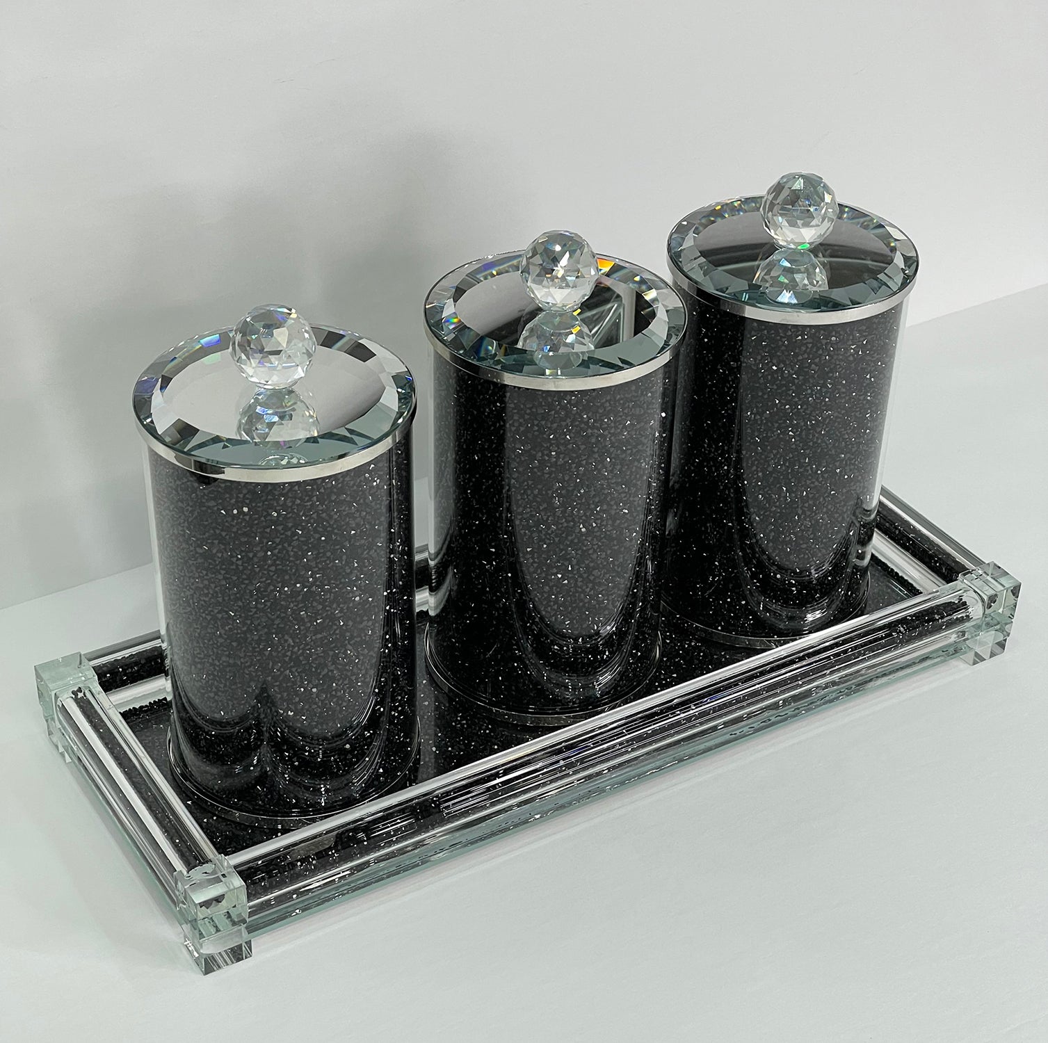 Furnings Three Glass Canister Set on a Tray, Black Crushed Diamond Glass - 8"H x 4"D