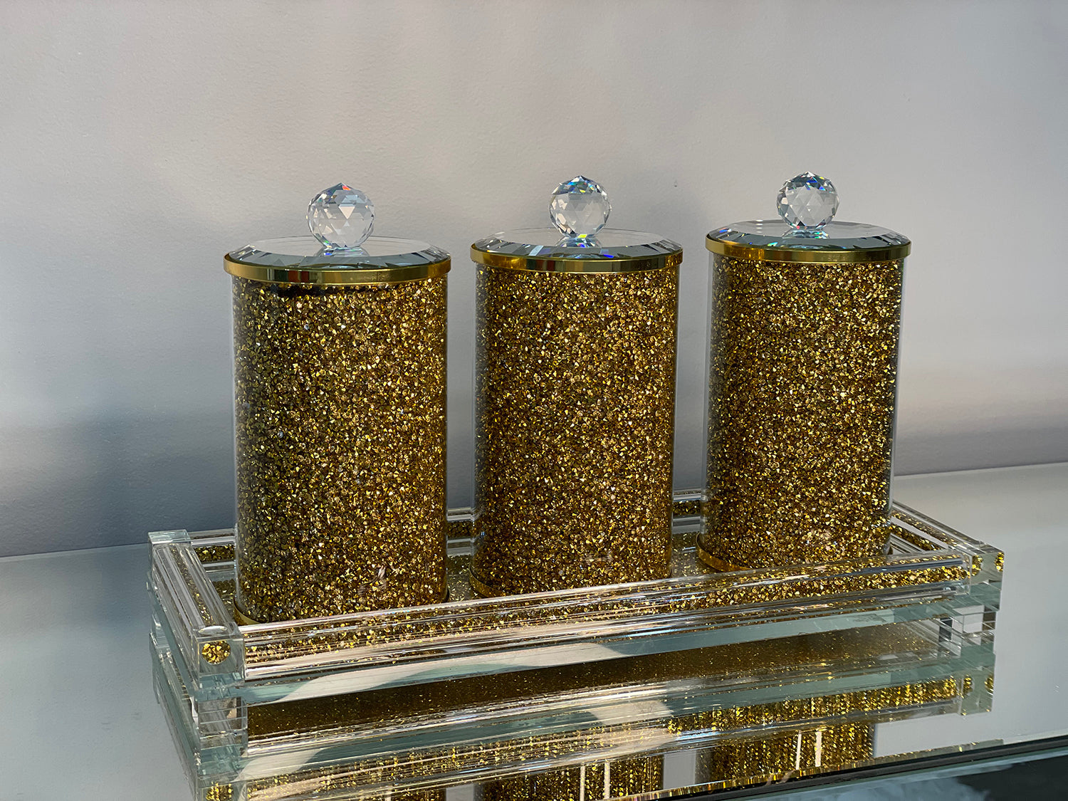 Furnings Three Glass Canister Set on a Tray, Gold Crushed Diamond Glass - 8"H x 4"D