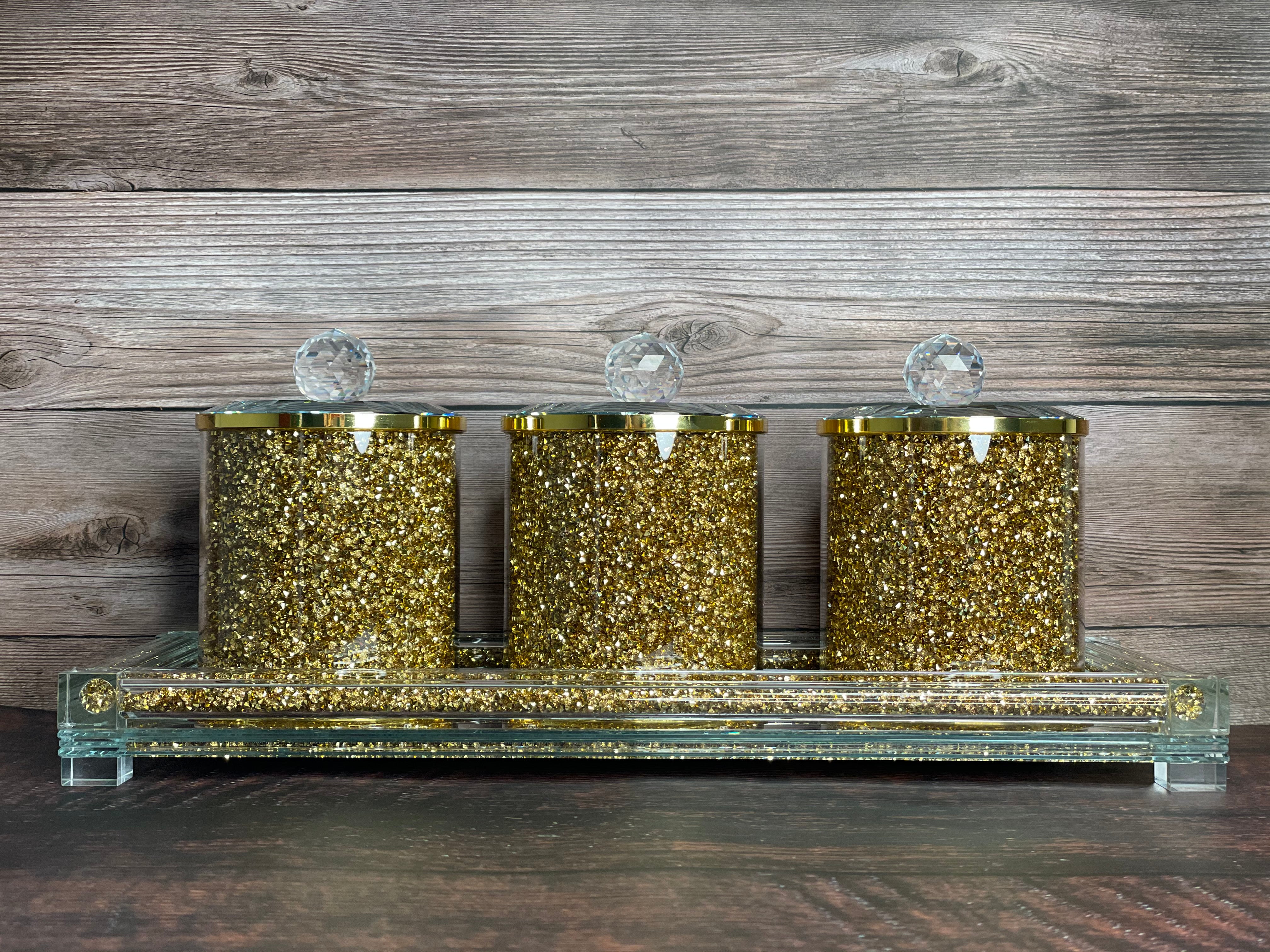 Furnings Three Glass Canister Set on a Tray, Gold Crushed Diamond Glass - 8"H x 4"D