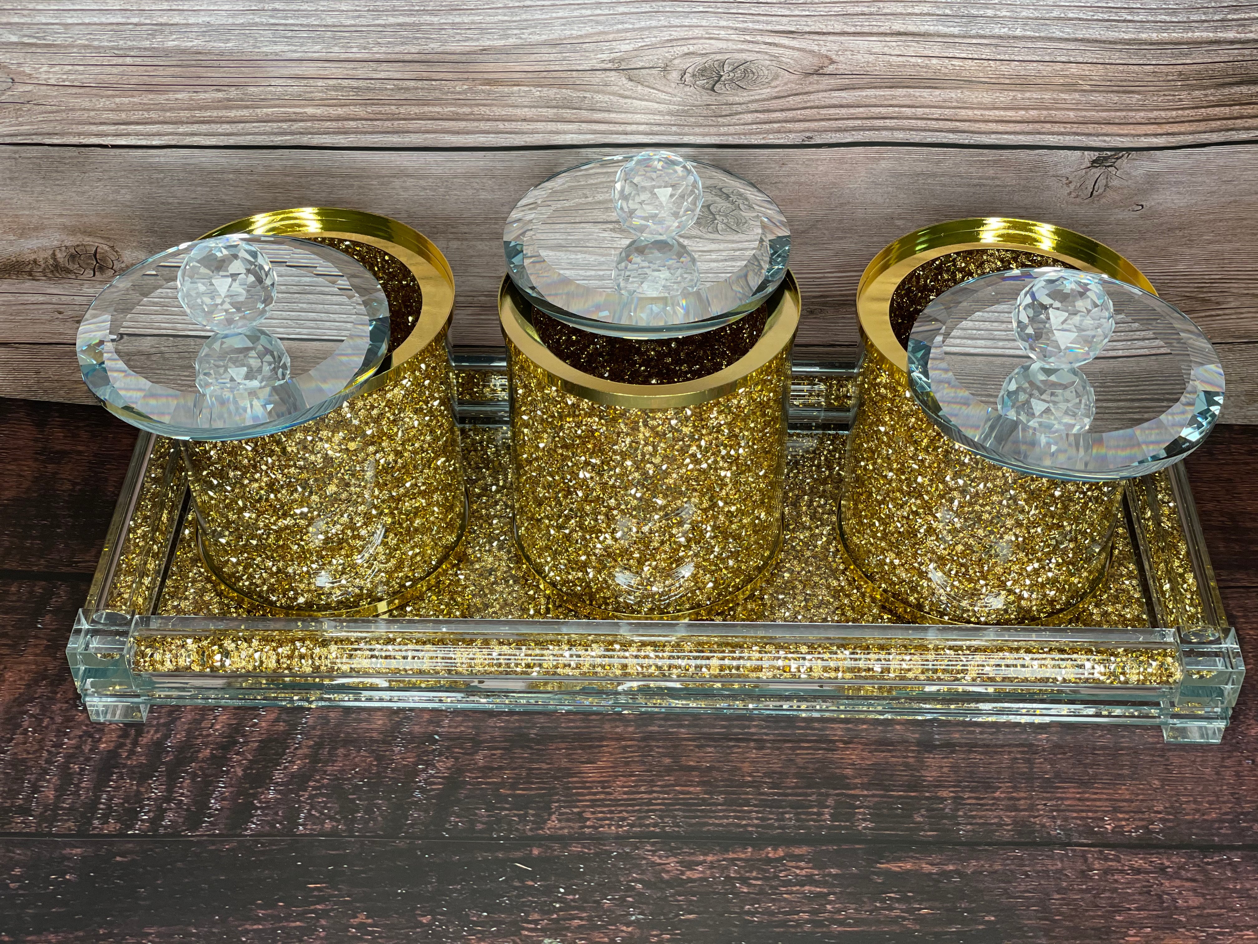 Furnings Three Glass Canister Set on a Tray, Gold Crushed Diamond Glass - 8"H x 4"D