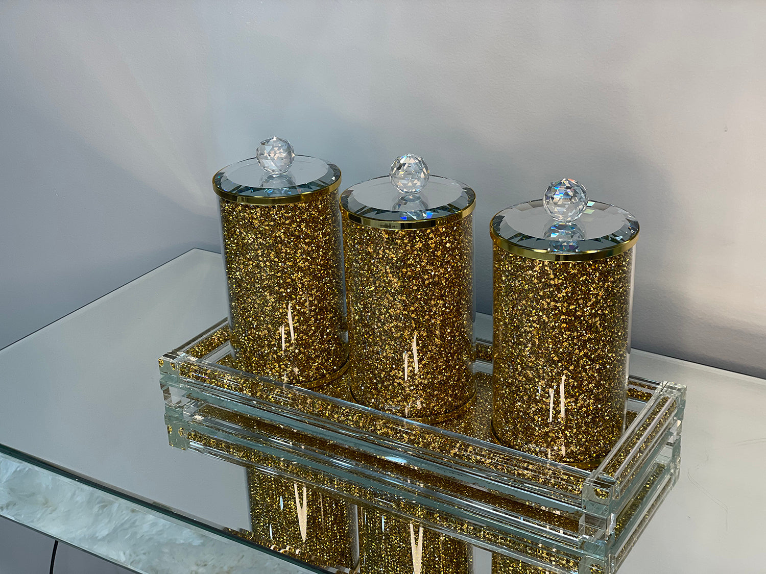 Furnings Three Glass Canister Set on a Tray, Gold Crushed Diamond Glass - 8"H x 4"D