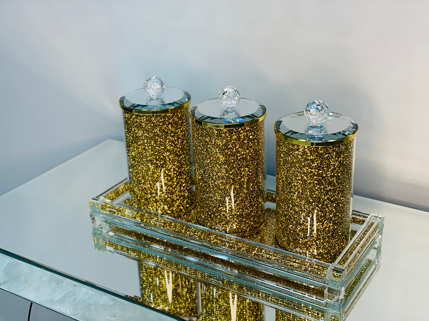 Furnings Three Glass Canister Set on a Tray, Gold Crushed Diamond Glass - 8"H x 4"D