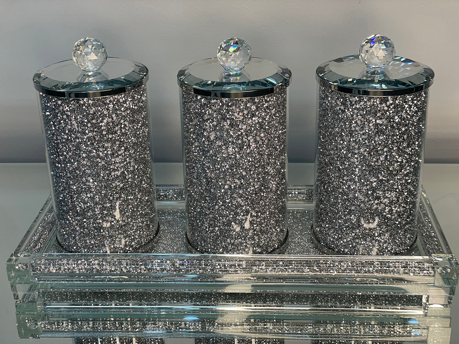 Furnings - Three Glass Canister Set on a Tray, Silver Crushed Diamond Glass