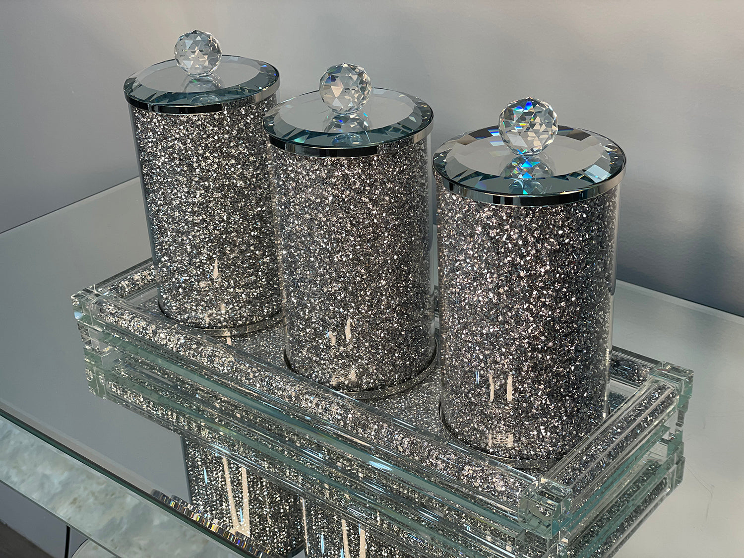 Furnings Three Glass Canister Set on a Tray, Silver Crushed Diamond Glass - 8"H x 4"D