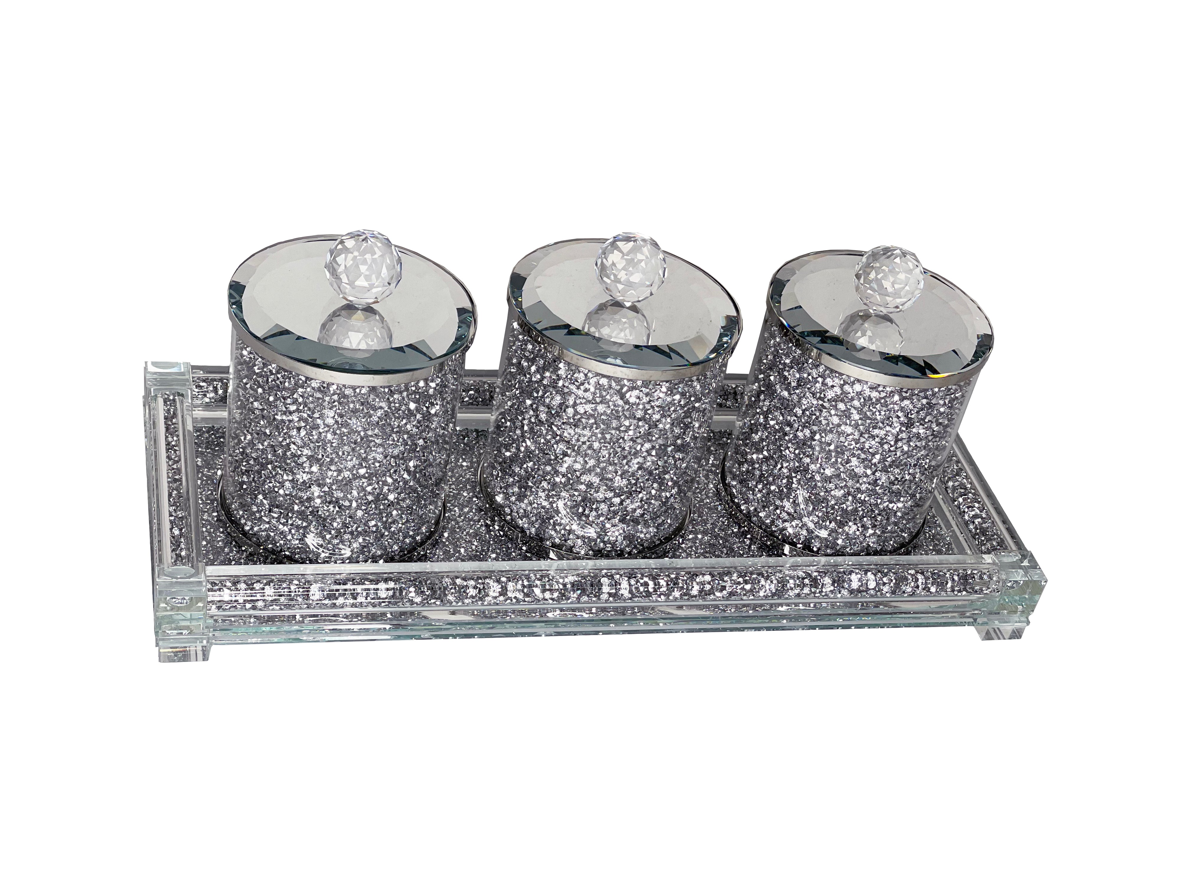 Furnings Three Glass Canister Set on a Tray, Silver Crushed Diamond Glass - 8"H x 4"D