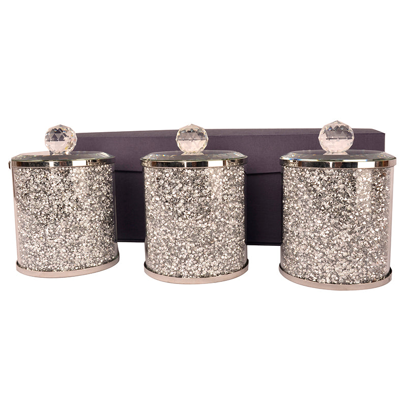 Furnings Three Glass Canister Set on a Tray, Silver Crushed Diamond Glass - 8"H x 4"D